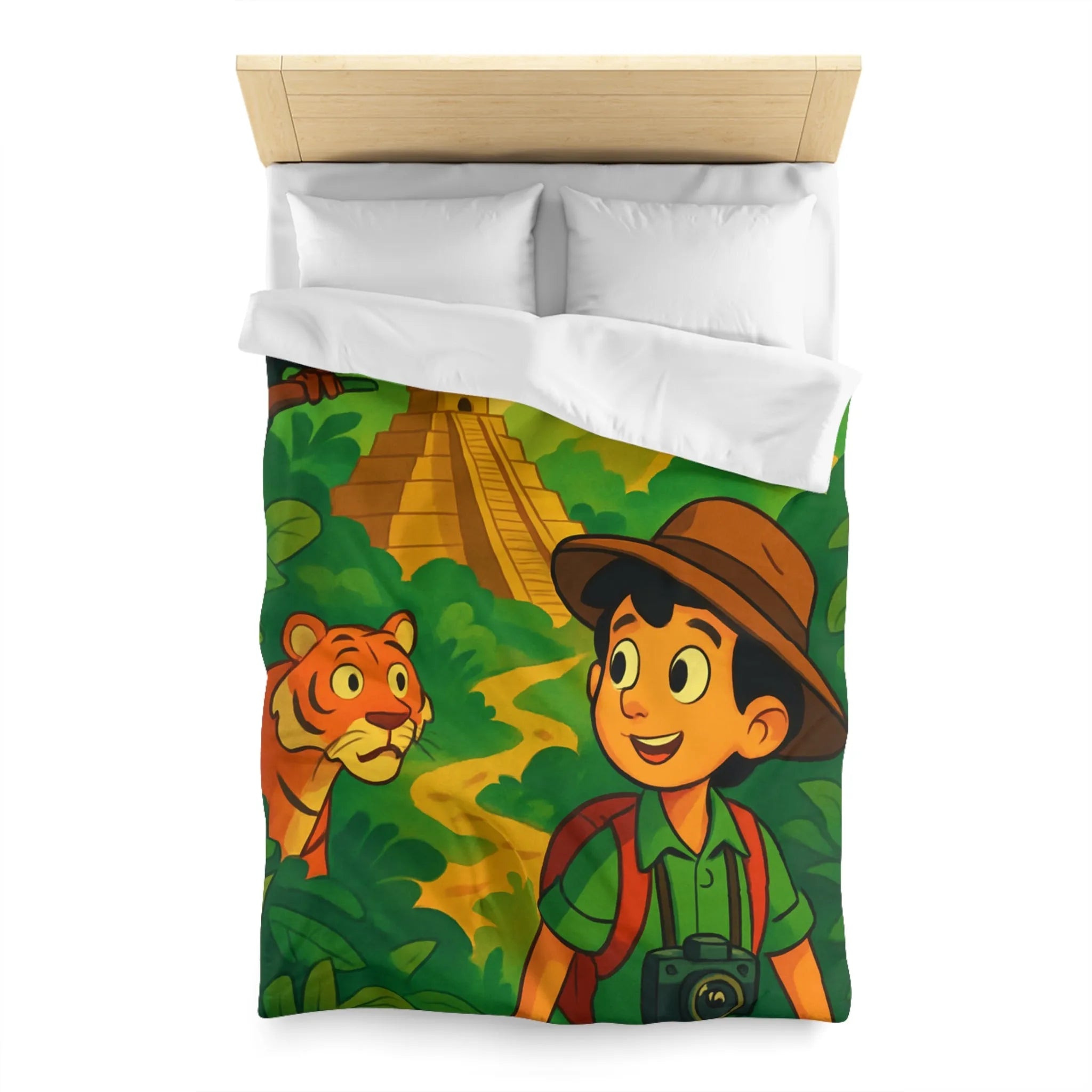 Housse de couette aventure jungle pour enfants avec château et animaux exotiques colorés
