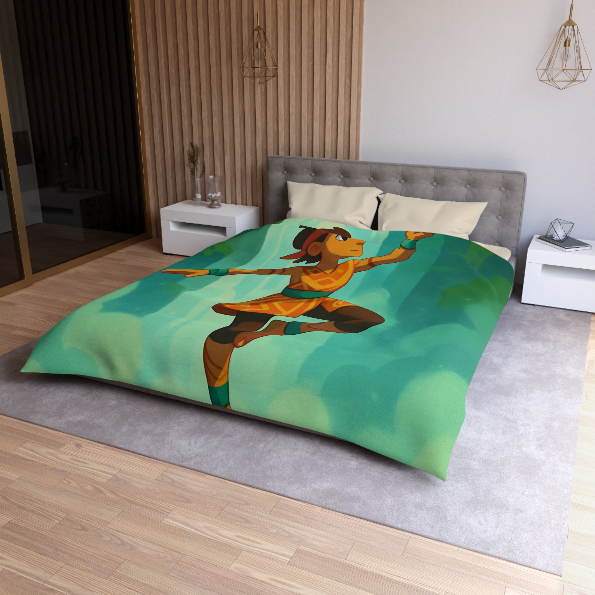 Housse de couette avec illustration de personnage tribal et cristal bleu brillant