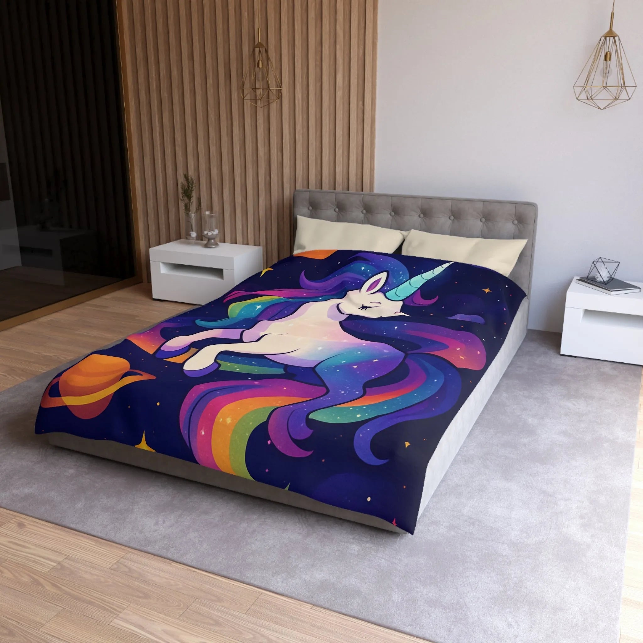 Housse de couette féerique avec licorne et planètes dans un ciel étoilé vibrant