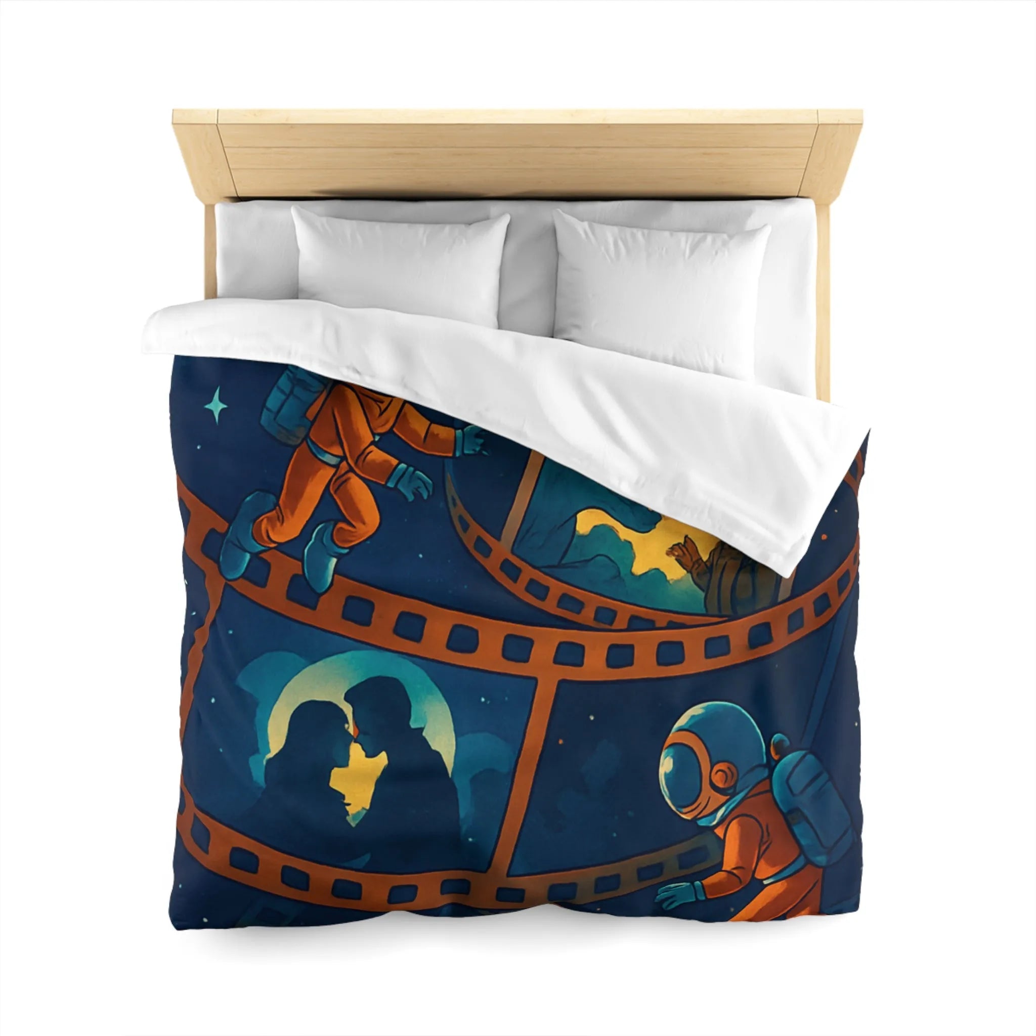 Housse de couette cosmos rêveur avec astronautes et séquences cinématographiques vintage