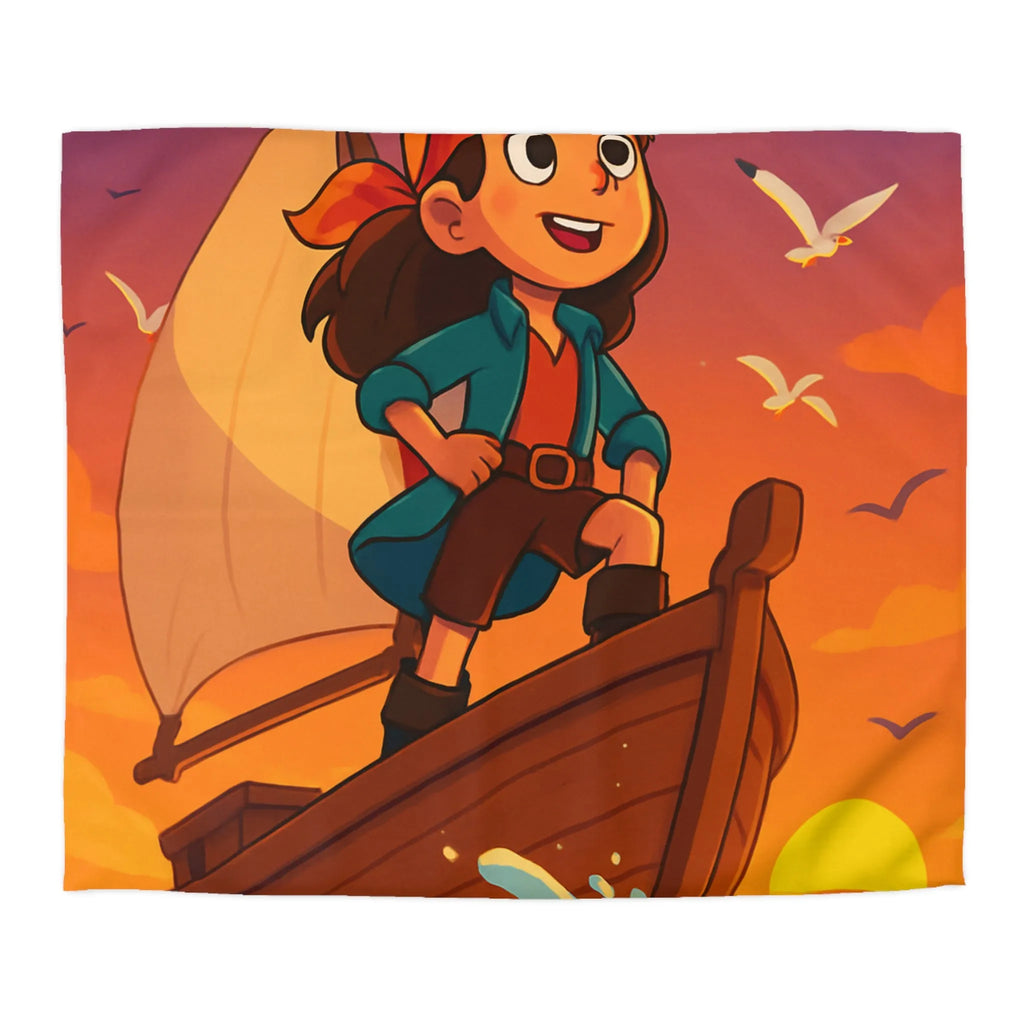 Housse de couette enfant motif pirate aventure en mer avec coucher de soleil vibrant