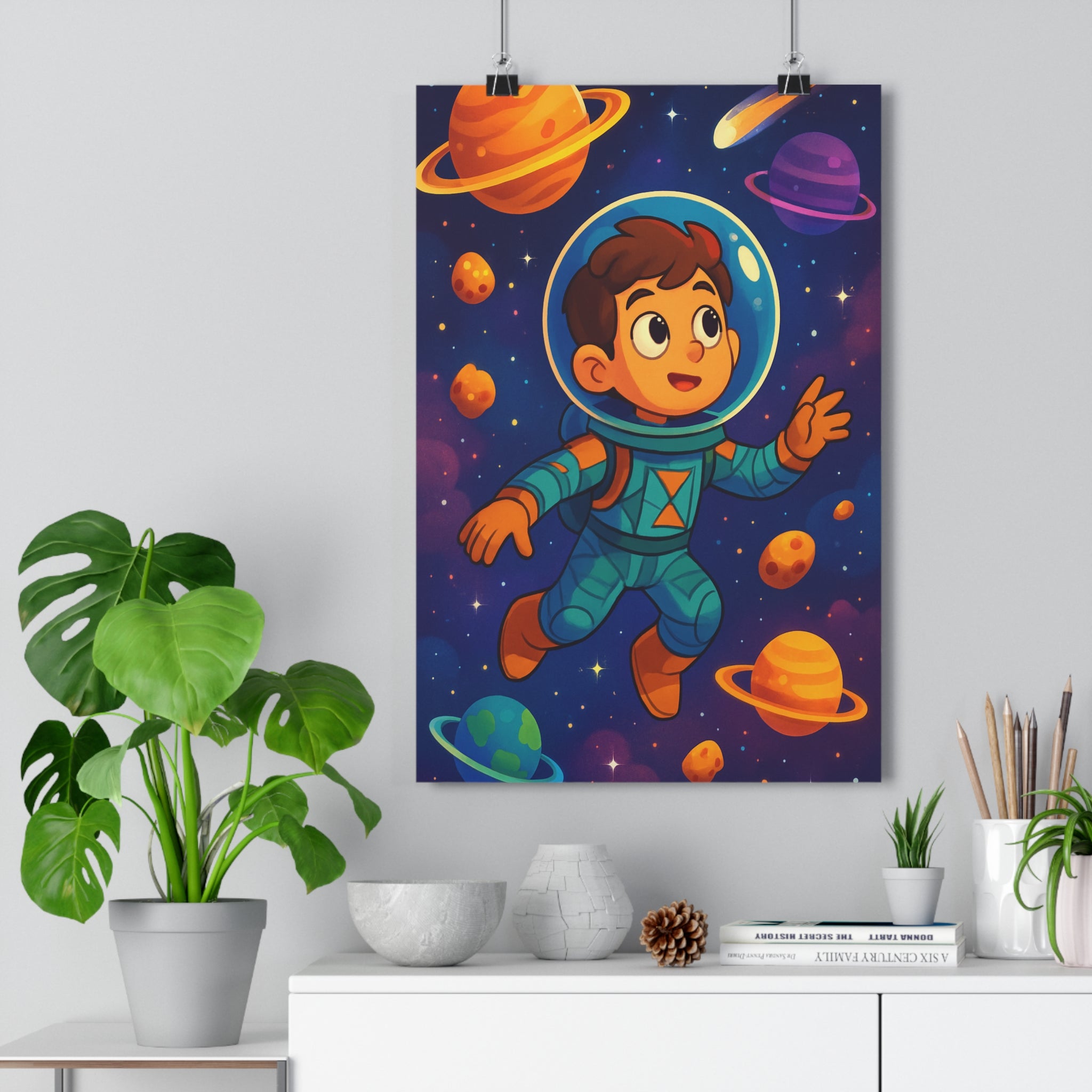 Poster décoratif espace enfant astronaute cartoon coloré joyeux aventure chambre planète violet orange comète