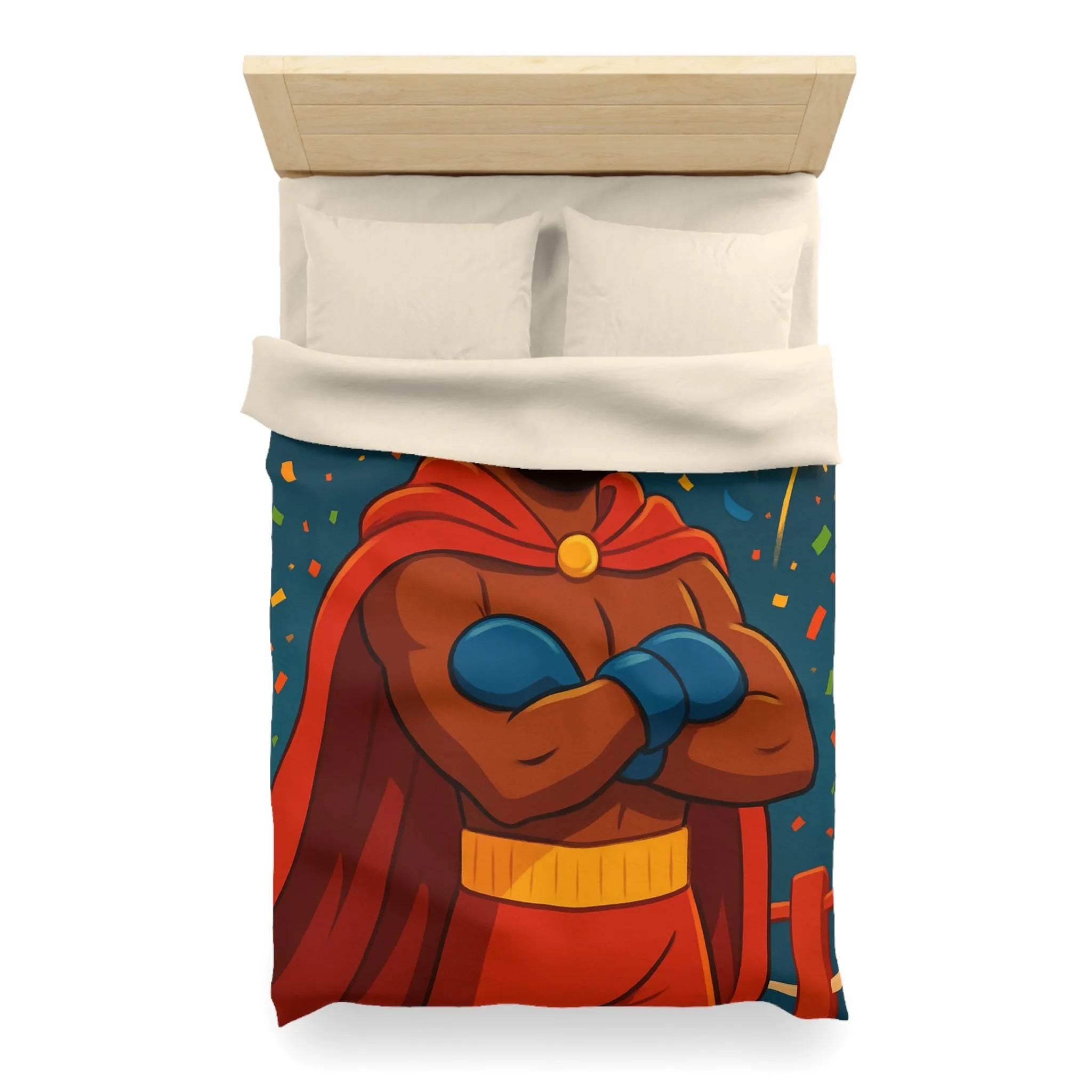 Housse de couette colorée avec boxeur couronné, cape rouge et feux d'artifice