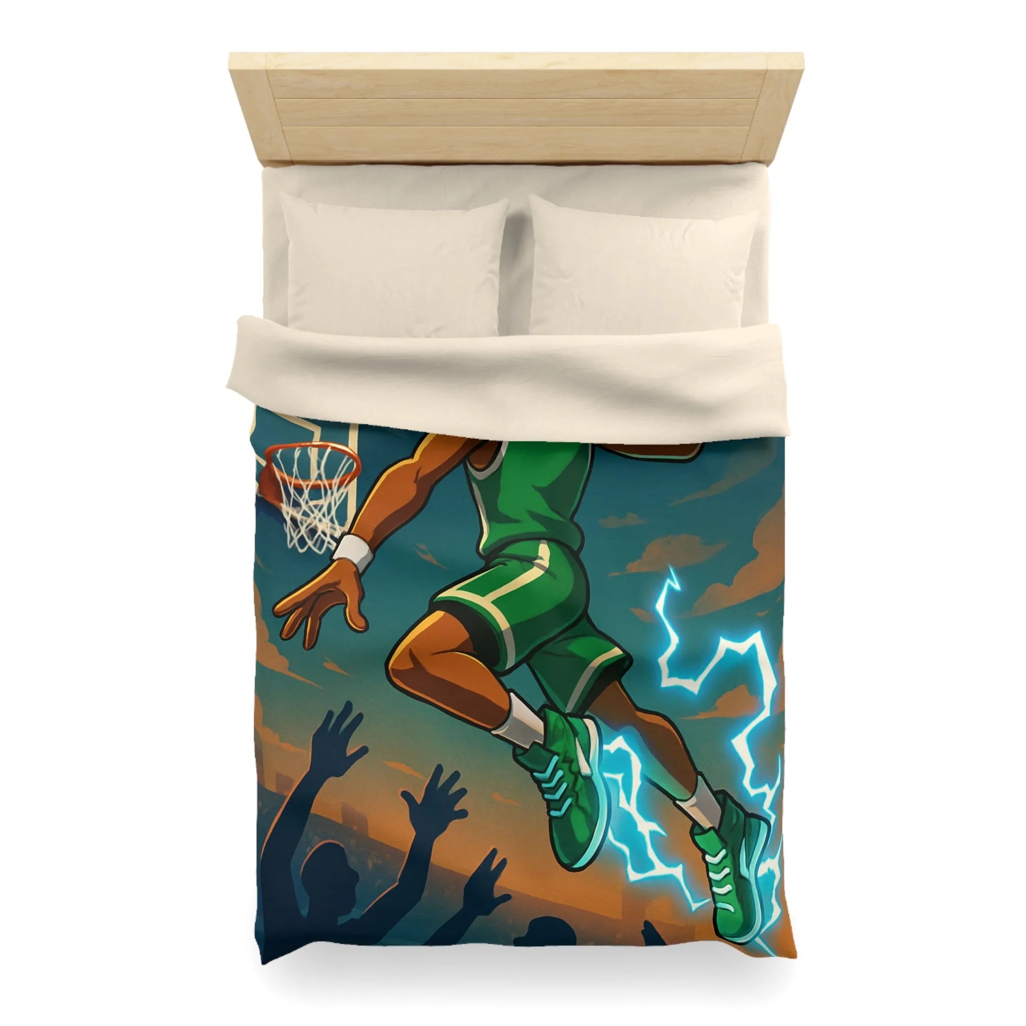 Housse de couette basket dynamique avec joueur en plein slam dunk lumineux