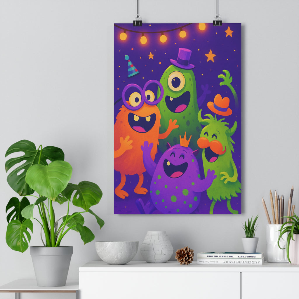 Poster décoratif monstres joyeux cartoon violet vert orange chambre enfant humour ambiance festive ludique