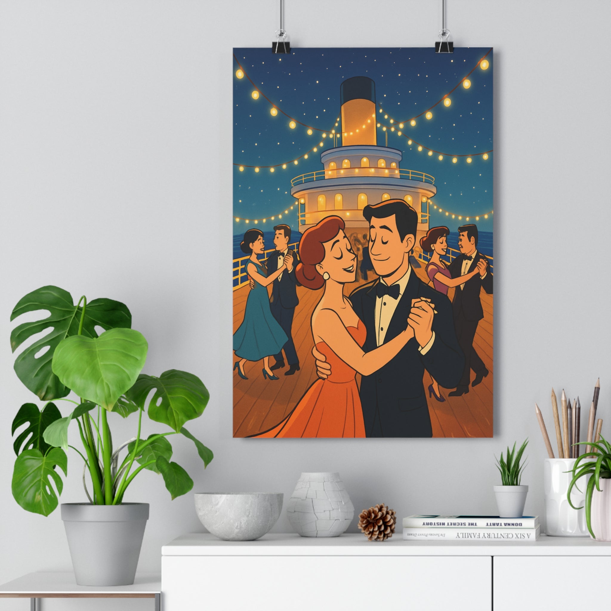 Poster décoratif romantique dessin animé pastel salon chambre chaleureux nostalgique élégant couple danse étoilé