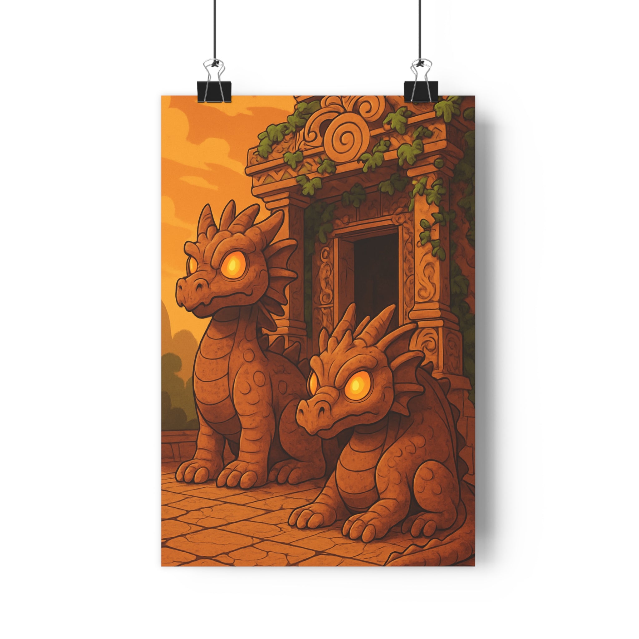 Poster décoratif fantastique dragons pierre mystique terracotta salon chambre temple yeux lumineux vignoble qualité