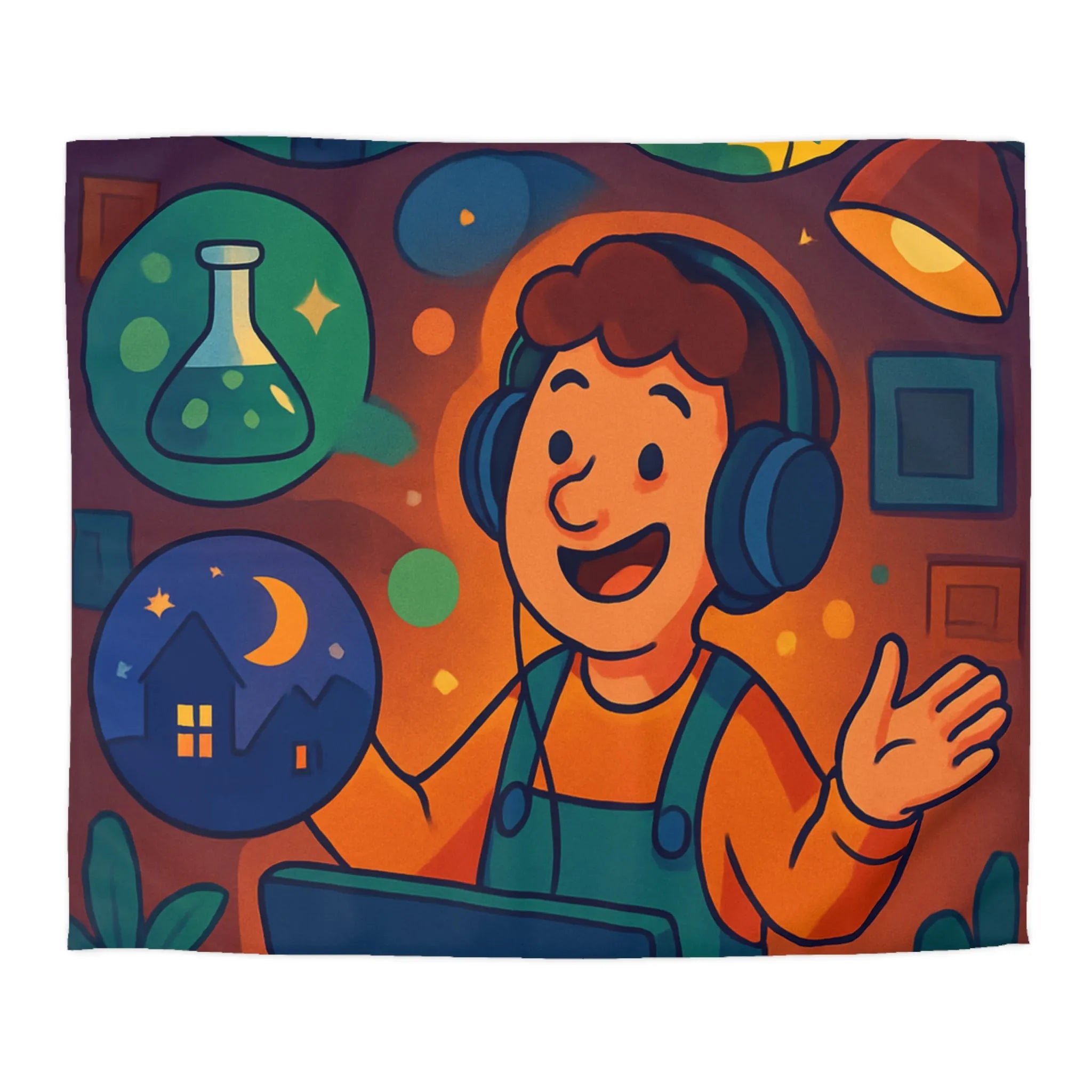 Housse de couette colorée avec illustrations de rêve, voyage et créativité pour enfant