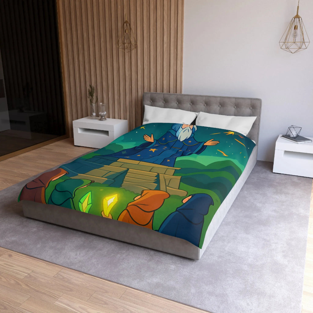 Housse de couette fantaisie avec sorcier et cristaux lumineux dans un paysage étoilé