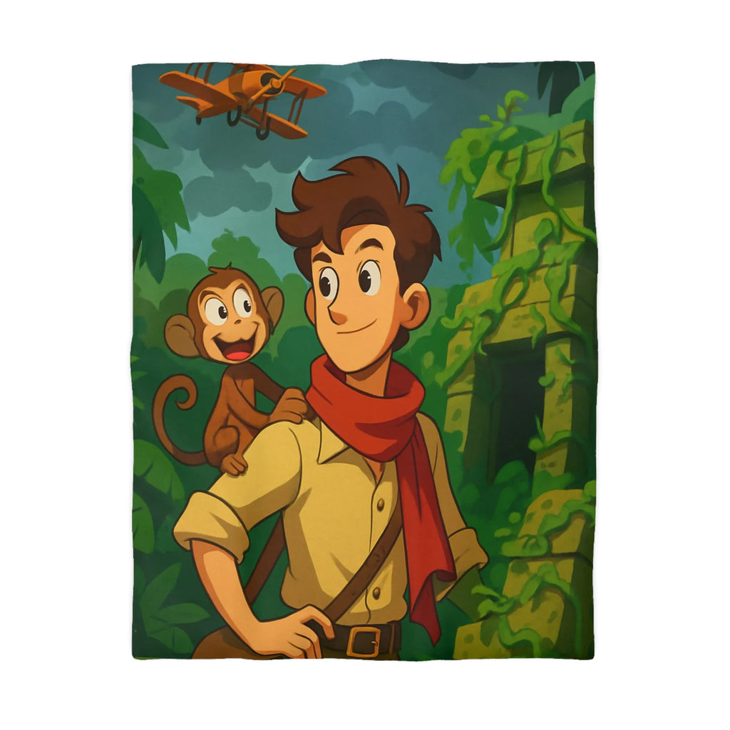 Housse de couette jungle aventure avec singe, avion biplan et ruines mystérieuses