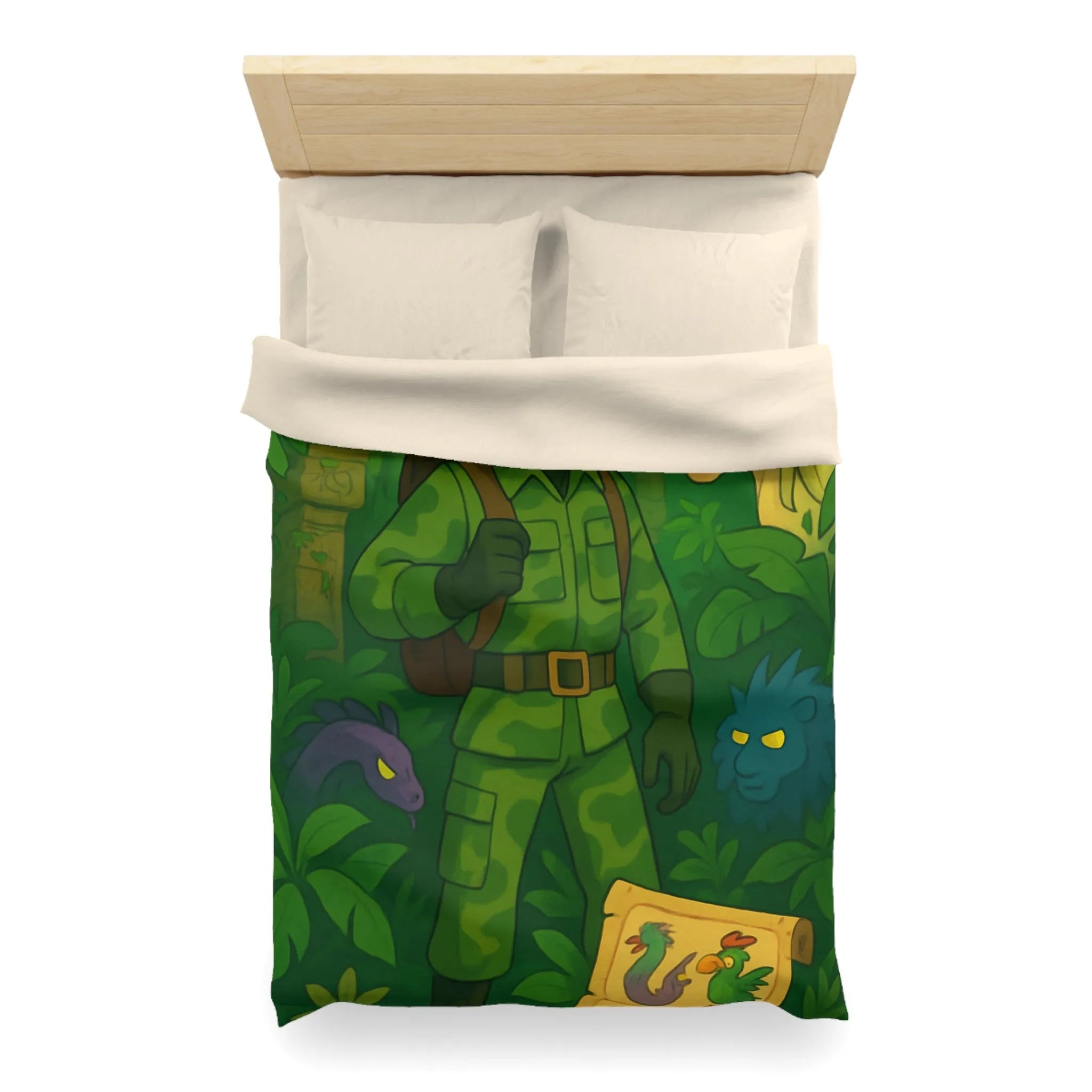 Housse de couette avec explorateur aventurier parmi créatures fantastiques et forêt luxuriante