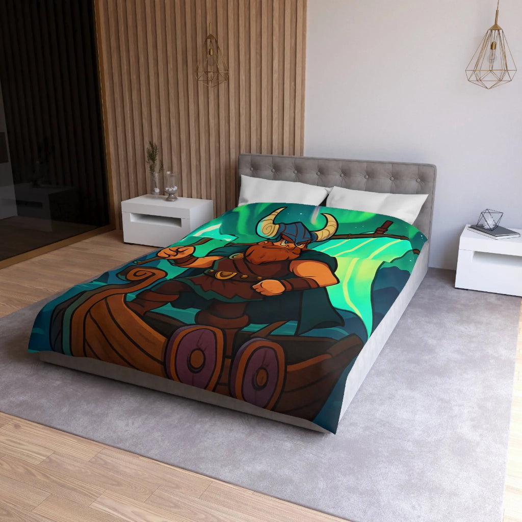 Housse de couette épique viking avec aurore boréale et bateau en pleine mer