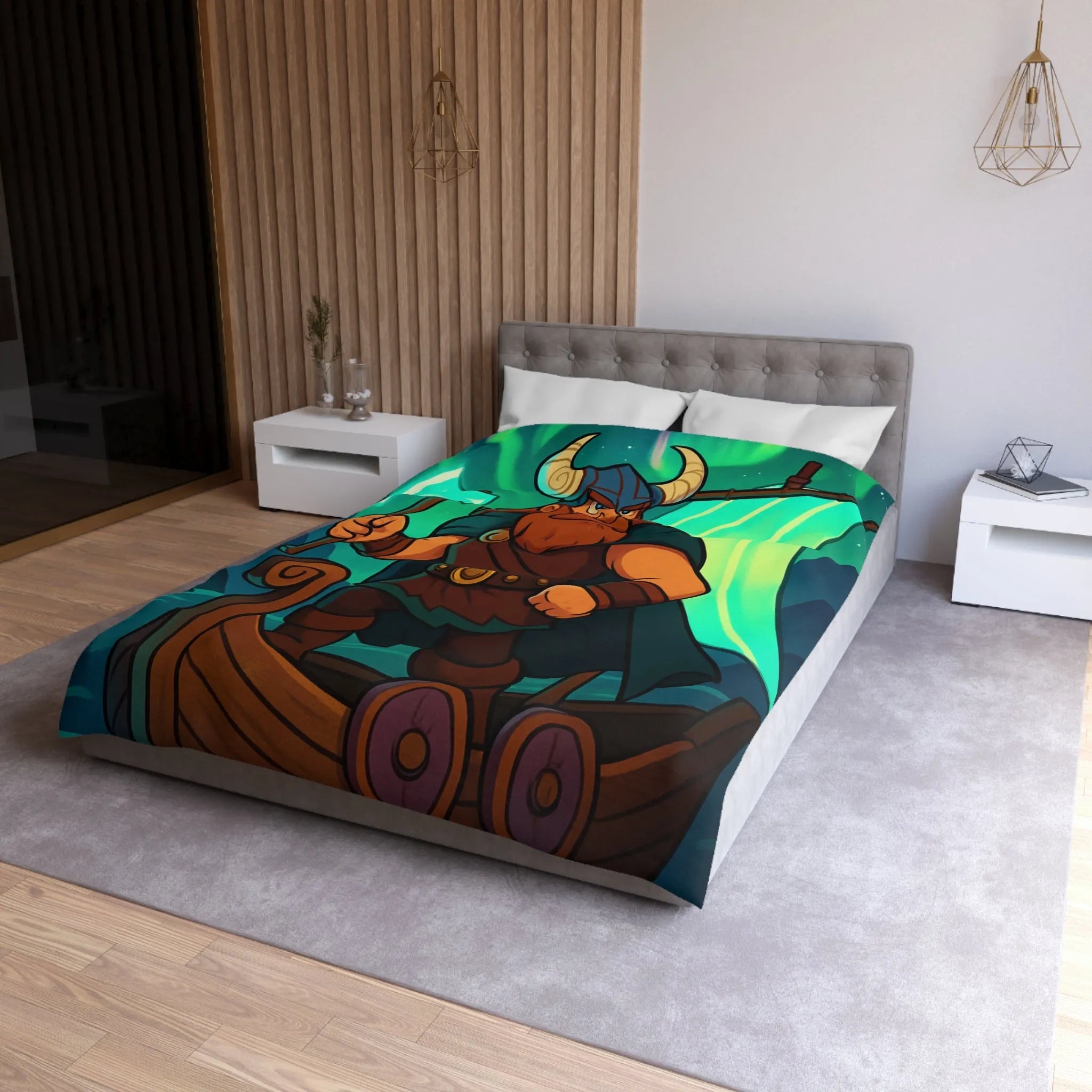 Housse de couette épique viking avec aurore boréale et bateau en pleine mer