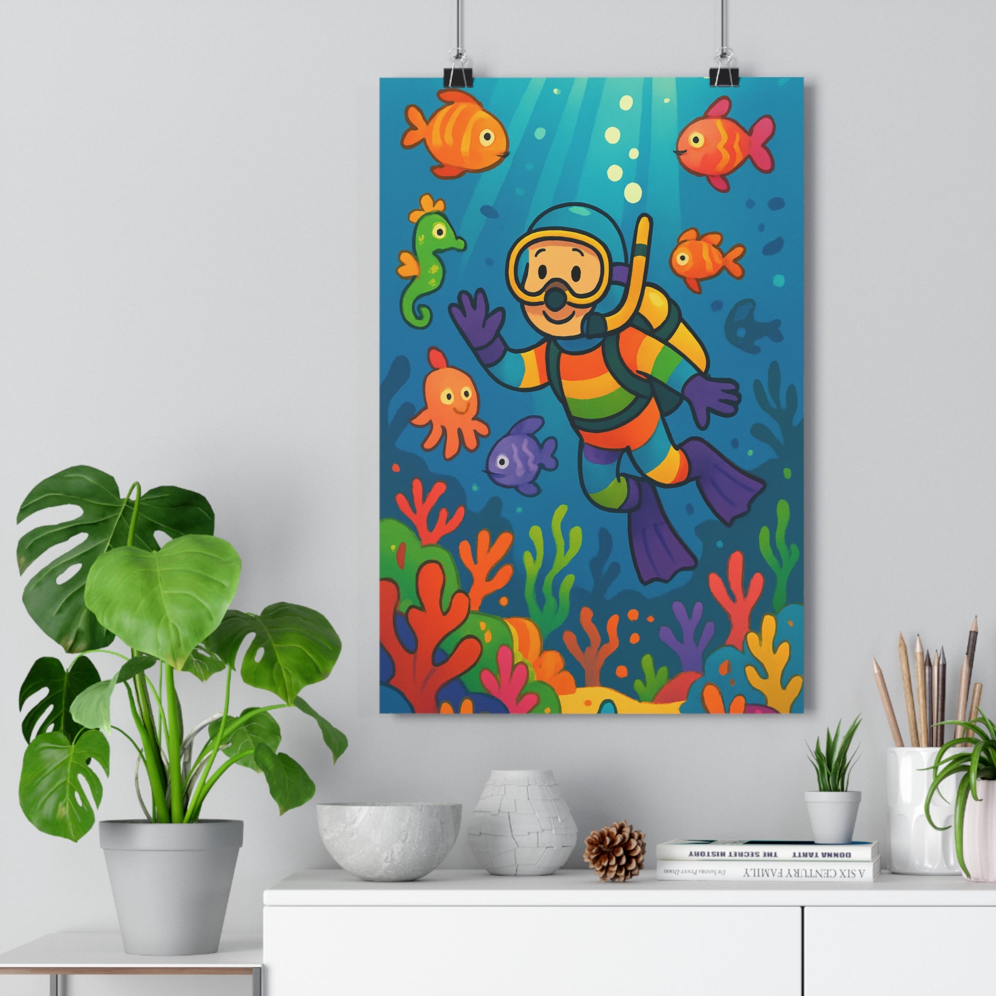 Poster décoratif animé sousmarin bleu coloré joyeux enfant chambre aventure corail vibrant 30x46 cm