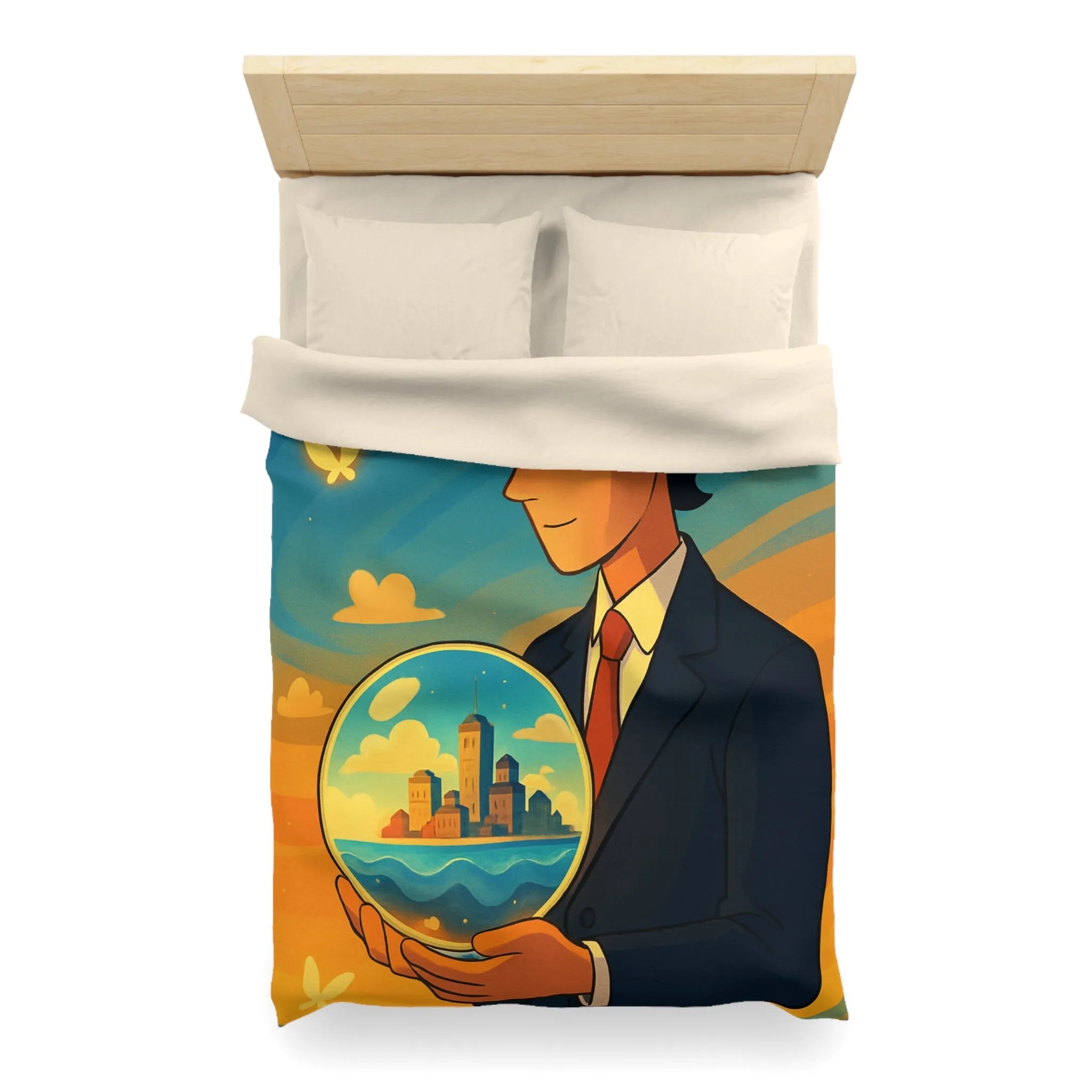 Housse de couette avec illustration surréaliste d'un homme tenant une sphère magique