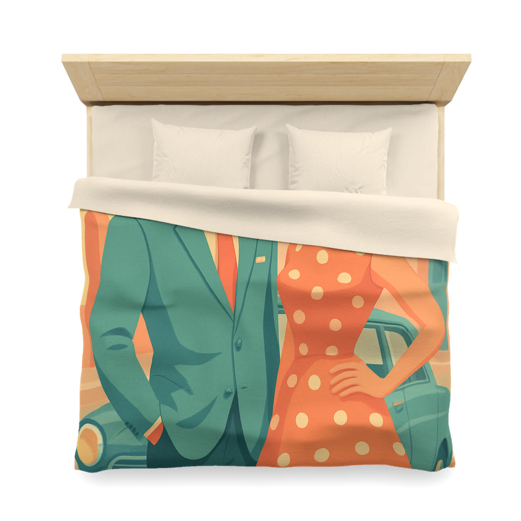 Housse de couette vintage rétro avec couple élégant en habits années 50 chic