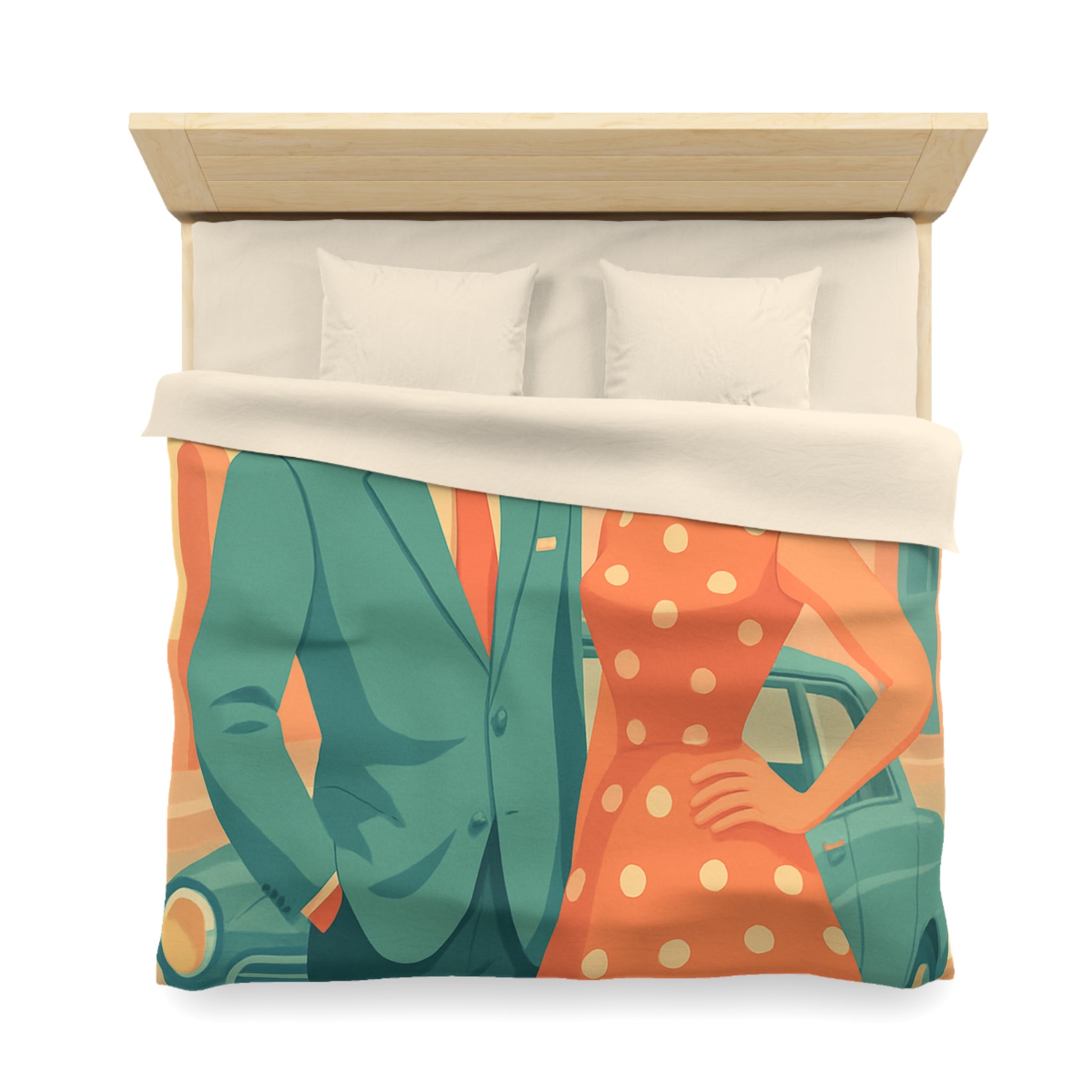 Housse de couette vintage rétro avec couple élégant en habits années 50 chic