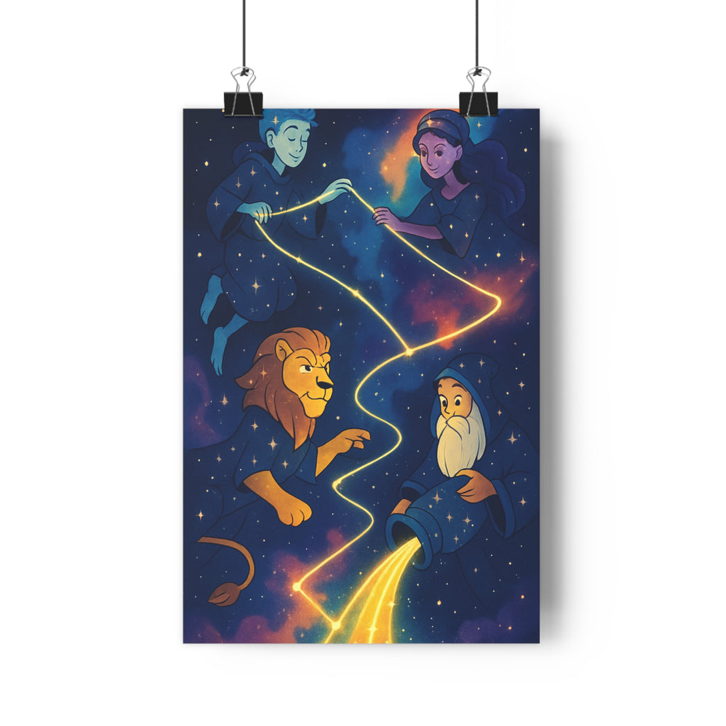 Poster décoratif mystique bleu doré chambre salon cosmos personnages magie rêve étoilé connexion ambiance