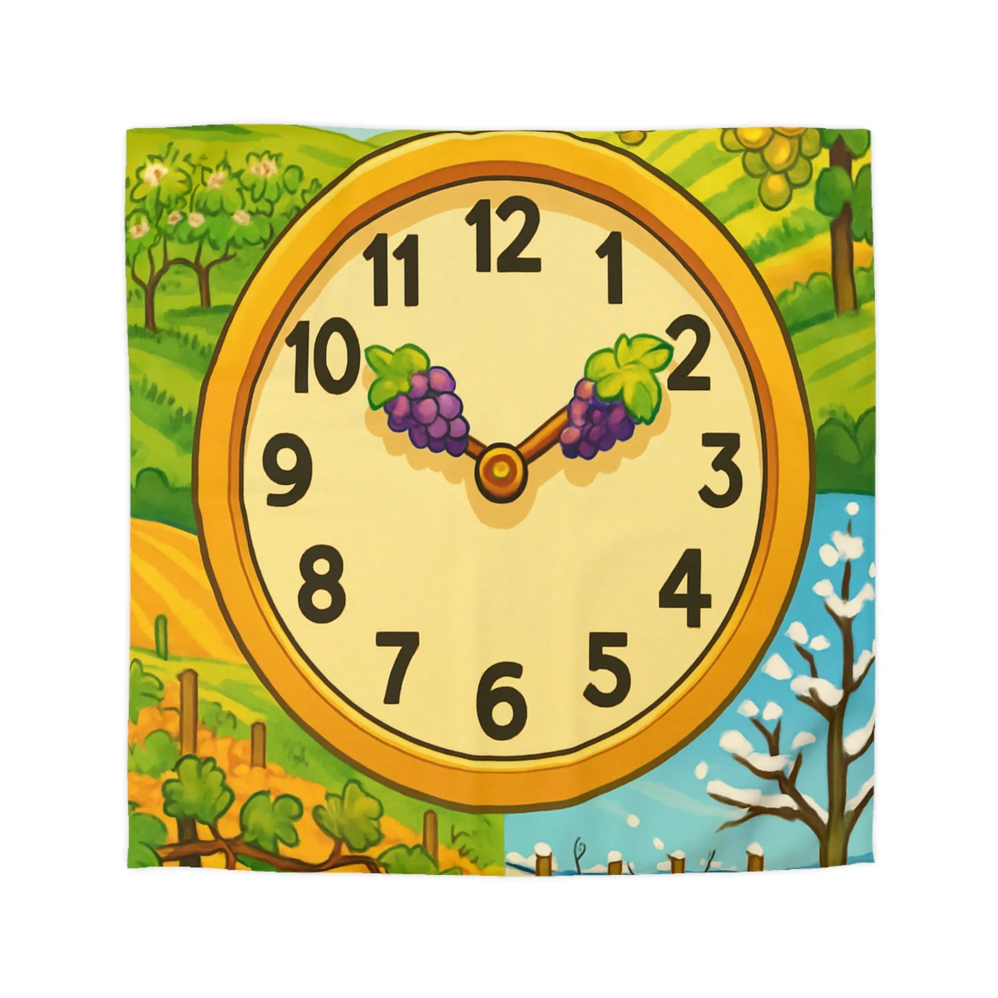 Housse de couette illustrant les quatre saisons avec un cadran vinicole coloré et vibrant