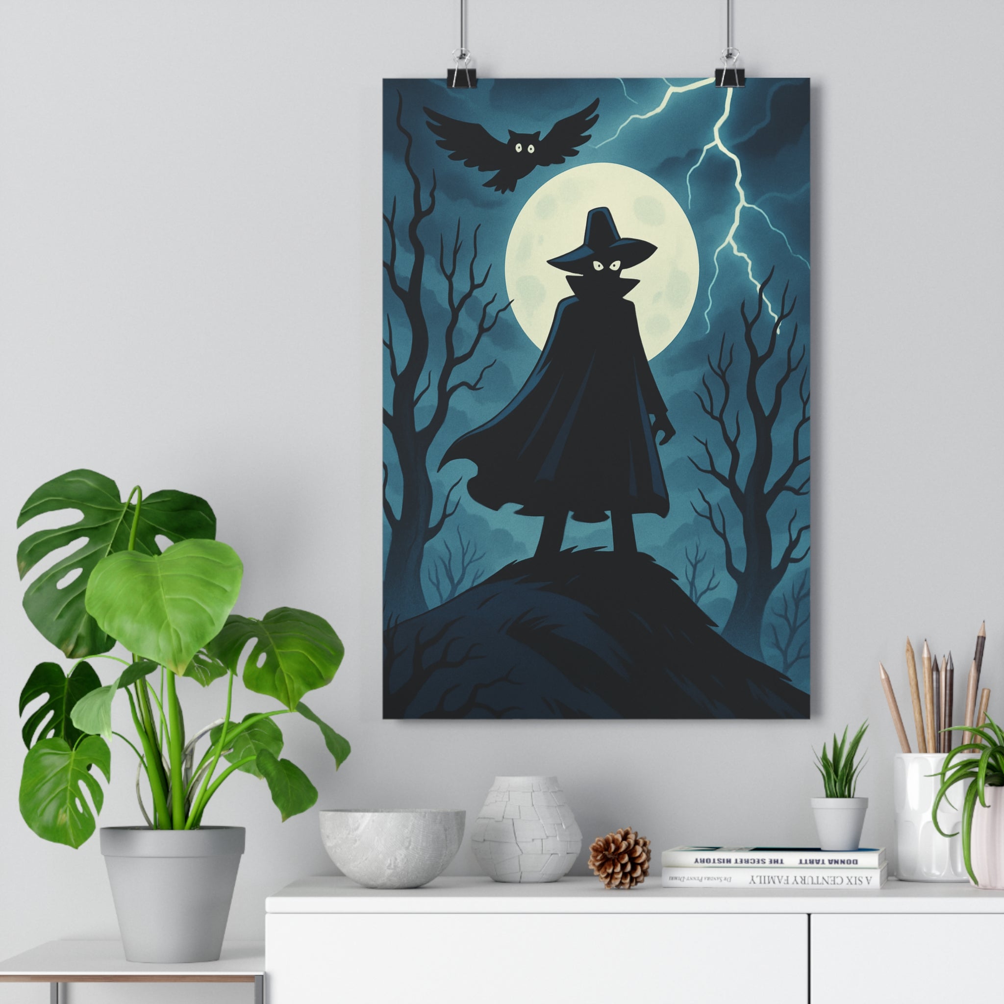 Poster décoratif noir blanc dessin animé gothique mystique silhouette hibou lune arbres chambre salon