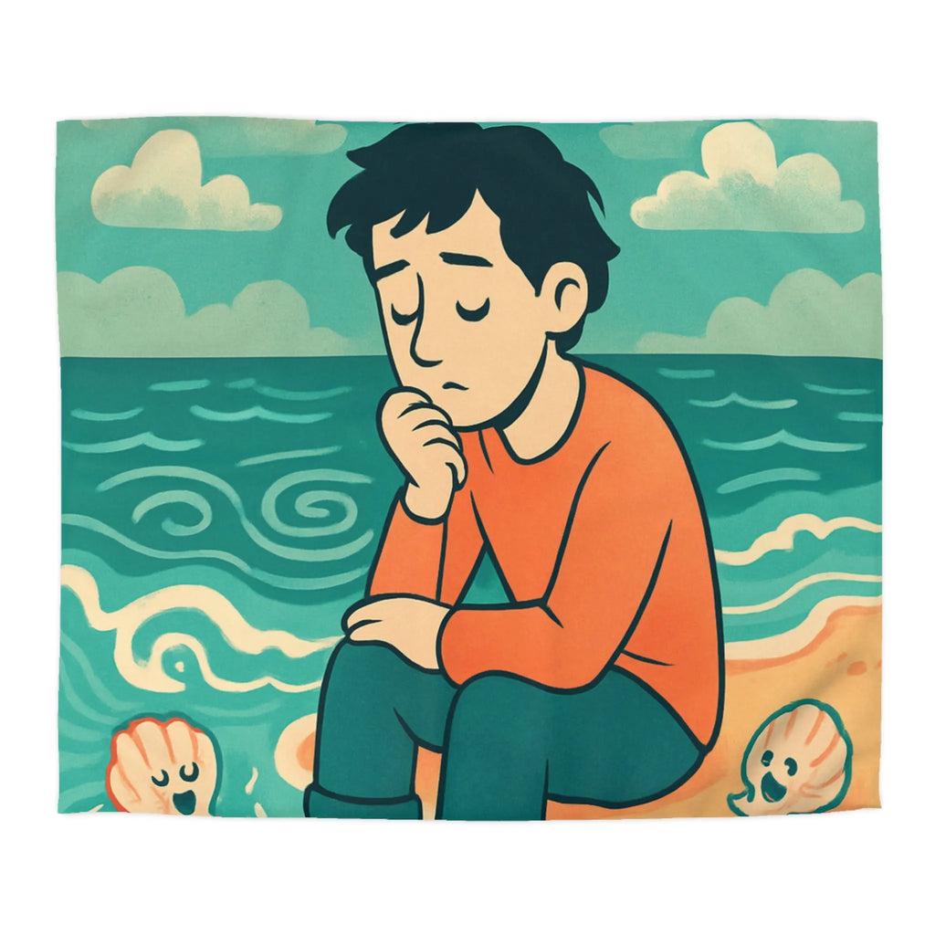 Housse de couette avec illustration rêveuse garçon pensif et coquillages joyeux sur plage