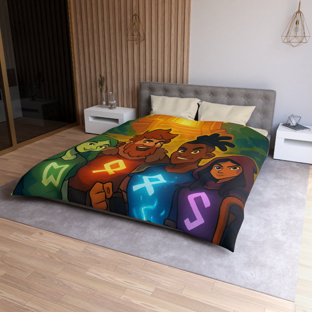 Housse de couette vibrant avec aventure illustrée de quatre héros devant un ancien temple