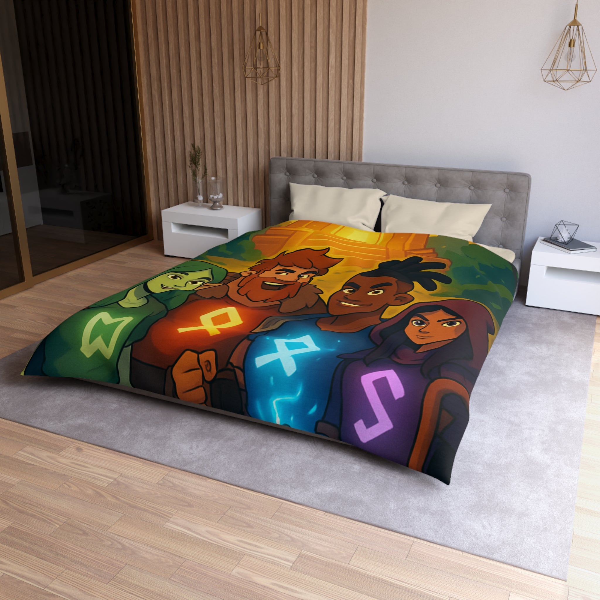 Housse de couette vibrant avec aventure illustrée de quatre héros devant un ancien temple