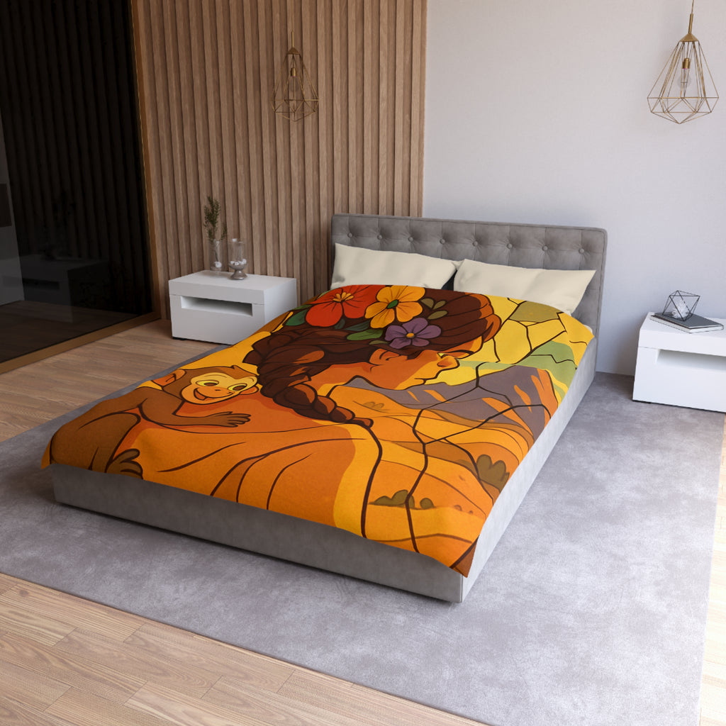 Housse de couette vibrante avec jeune femme et singe devant vitrail coloré