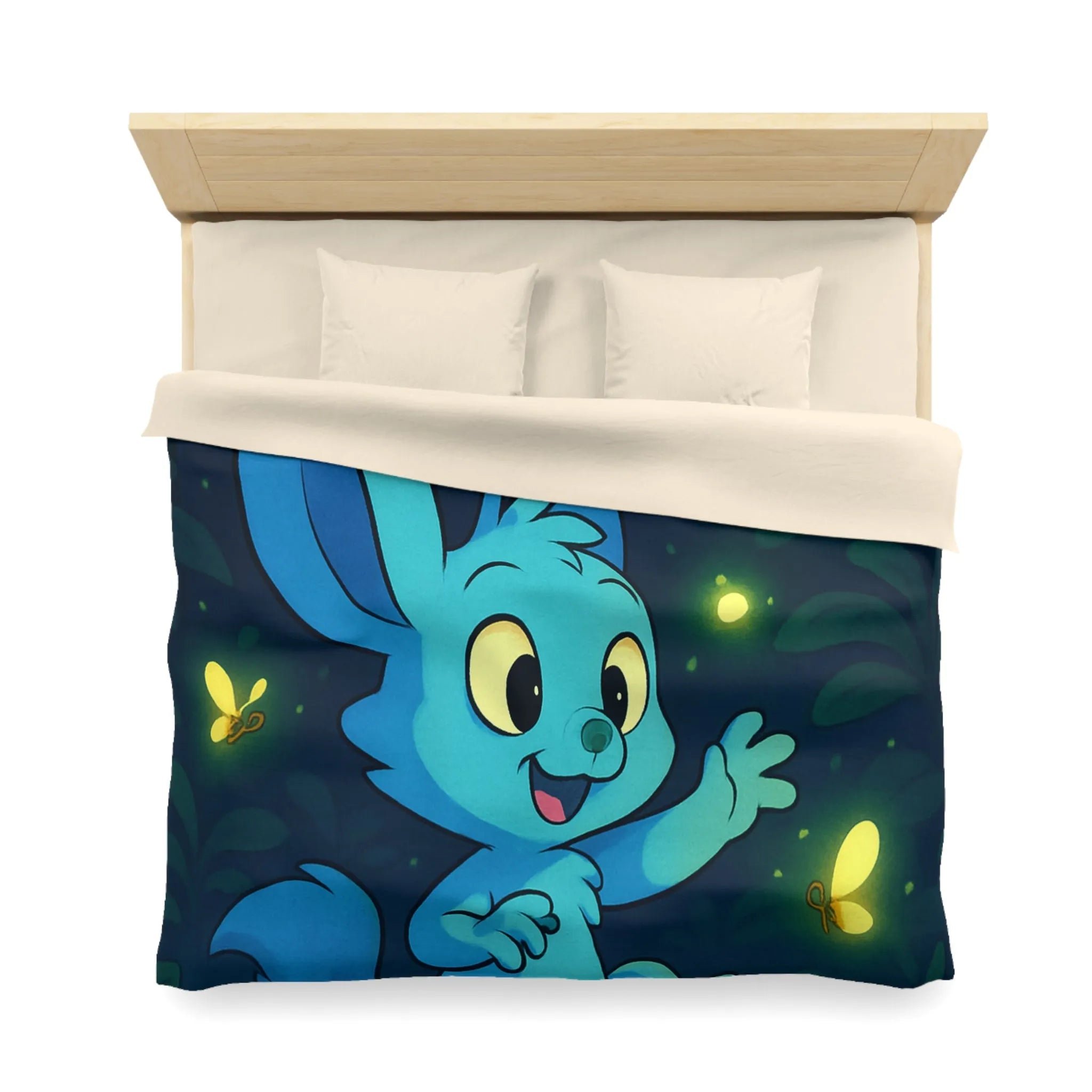 Housse de couette enfantine décorée avec lapin bleu et lucioles sous lune brillante