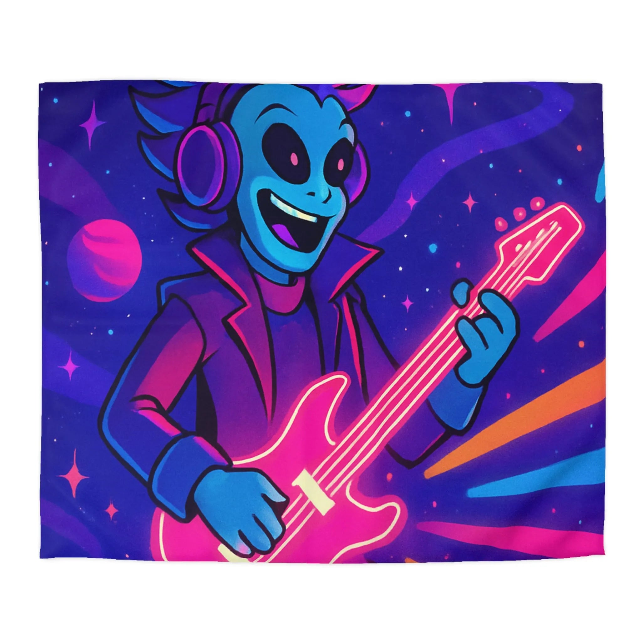 Housse de Couette Galactique avec Musicien Alien et Planètes Multicolores en Néon Vibrant