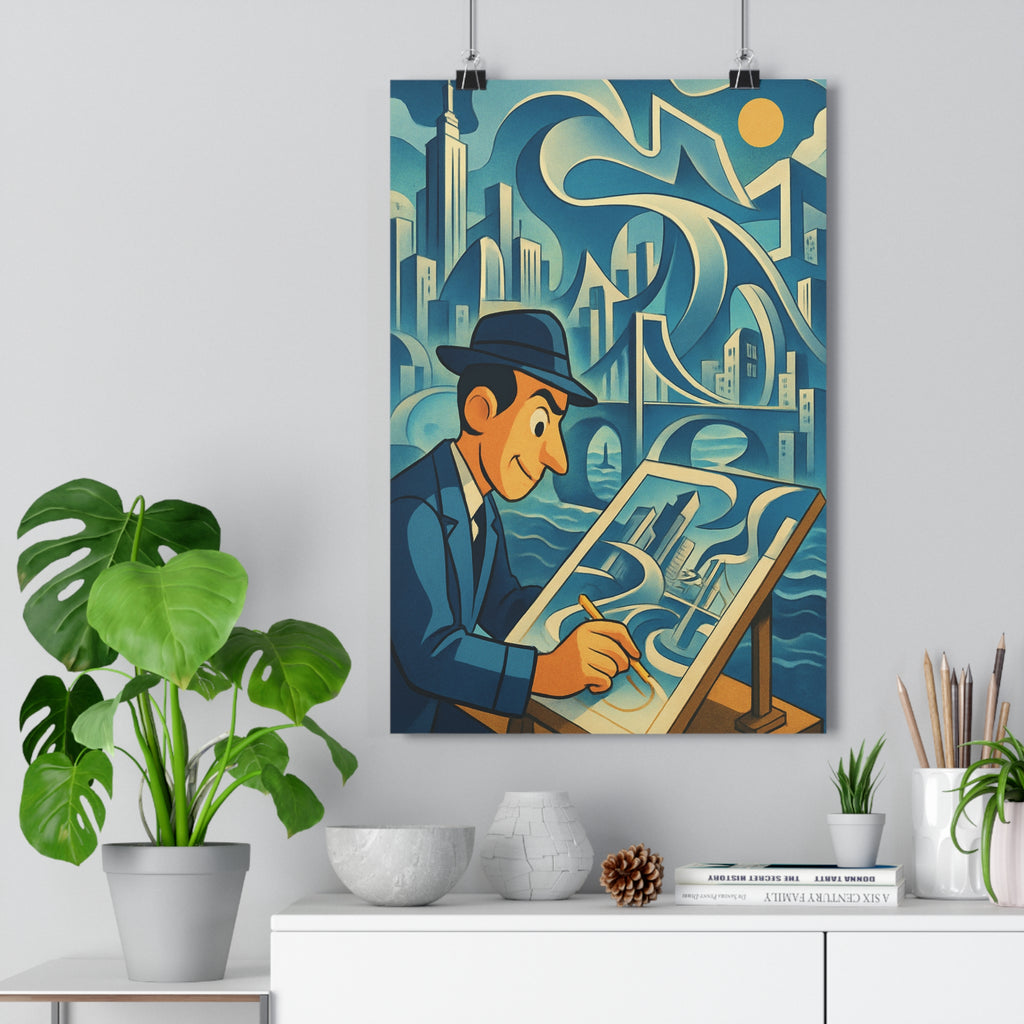 Poster décoratif art futuriste bleu jaune moderne bureau salon créatif style artistique élégant unique