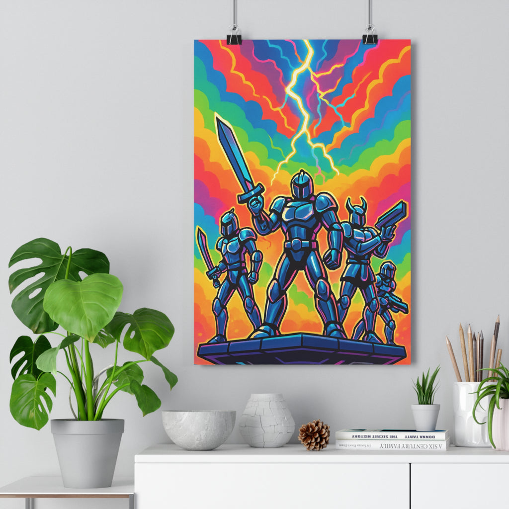 Poster décoratif cartoon guerriers futuriste coloré arcenciel énergique dramatique salon bureau action éclairs qualité