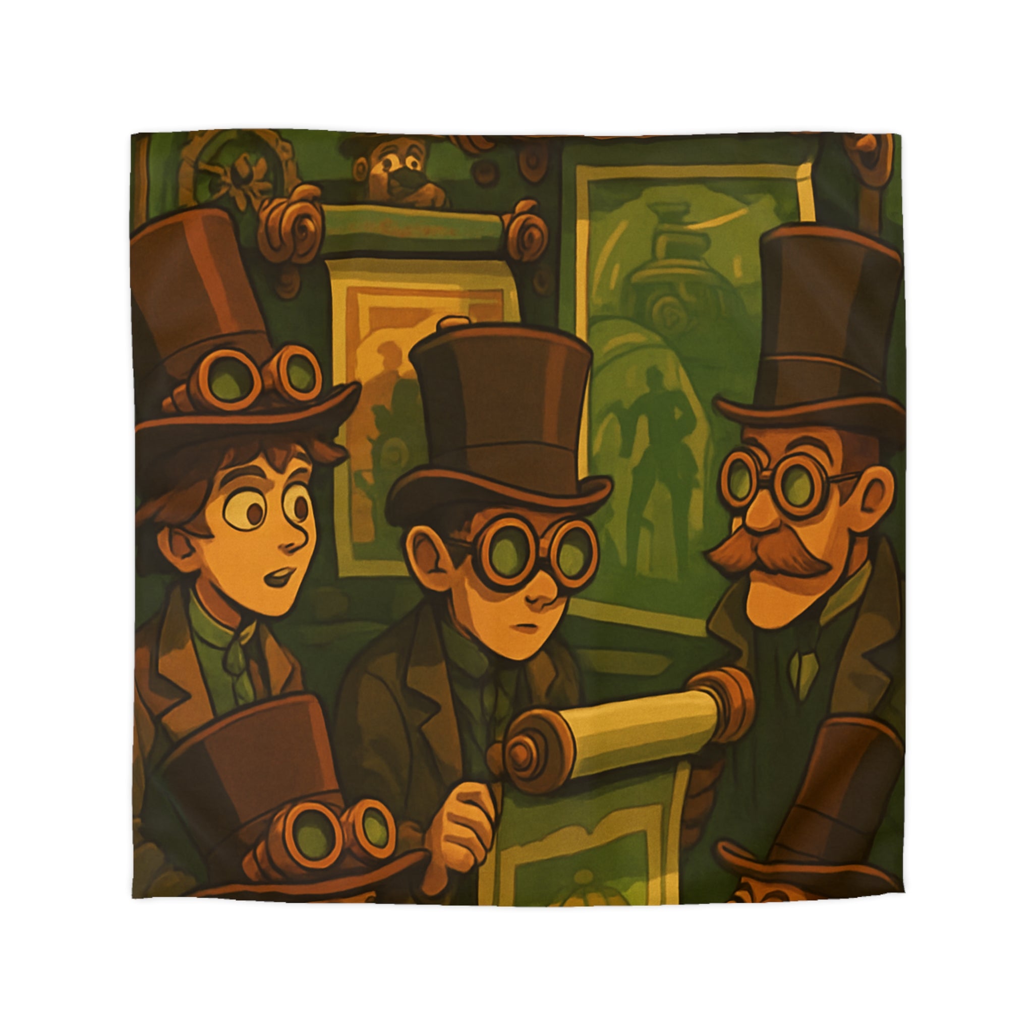 Housse de couette steampunk rétro vintage, illustration de gentlemen en chapeaux et engrenages