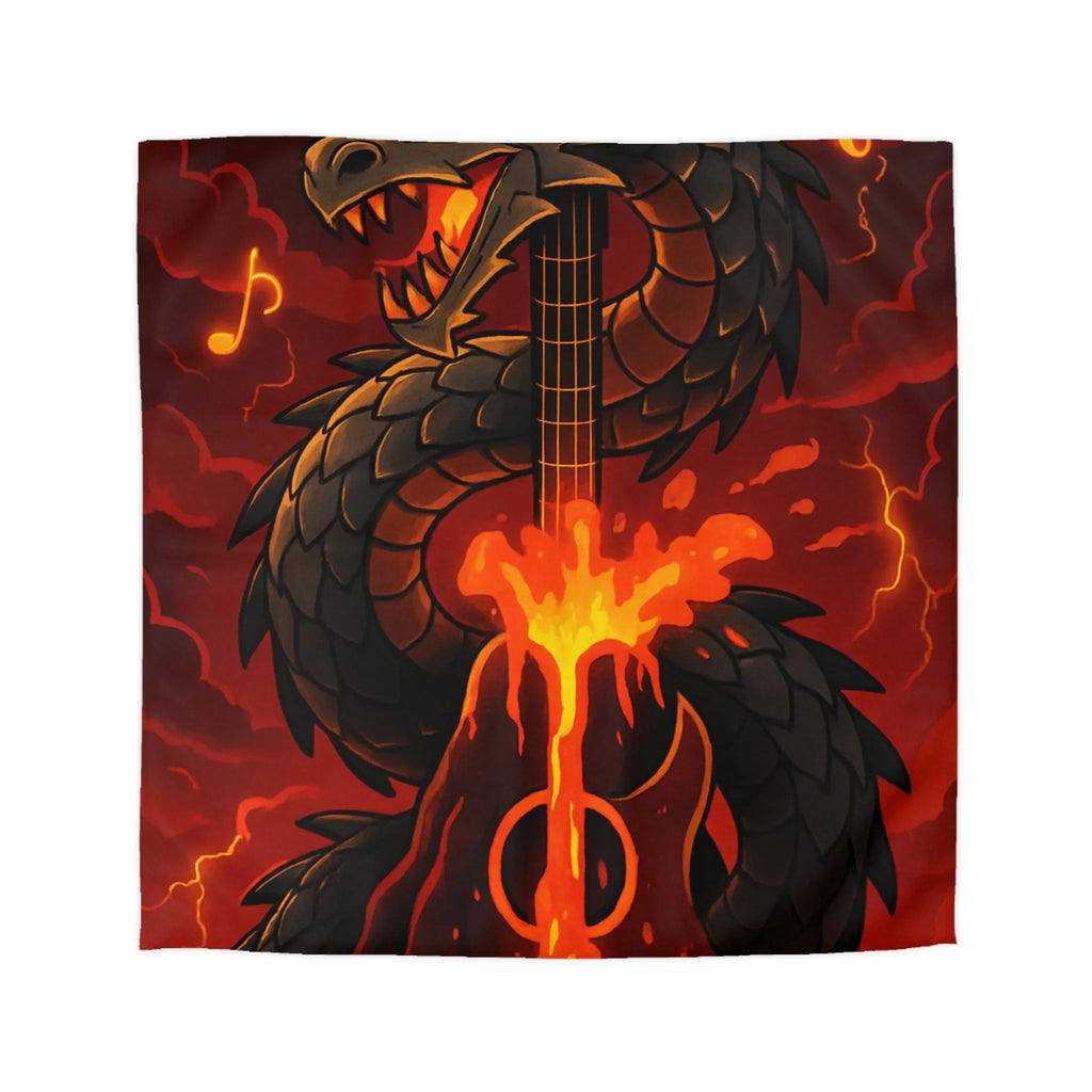 Housse de couette avec dragon noir majestueux et flammes incandescentes, ambiance épique