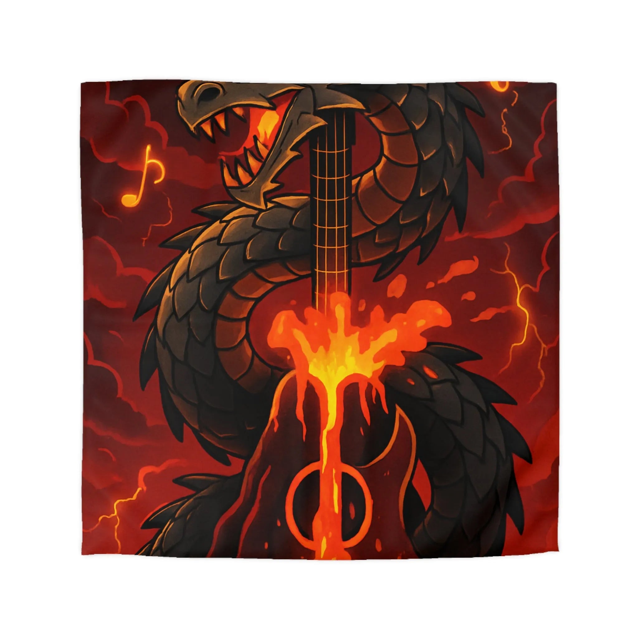 Housse de couette avec dragon noir majestueux et flammes incandescentes, ambiance épique