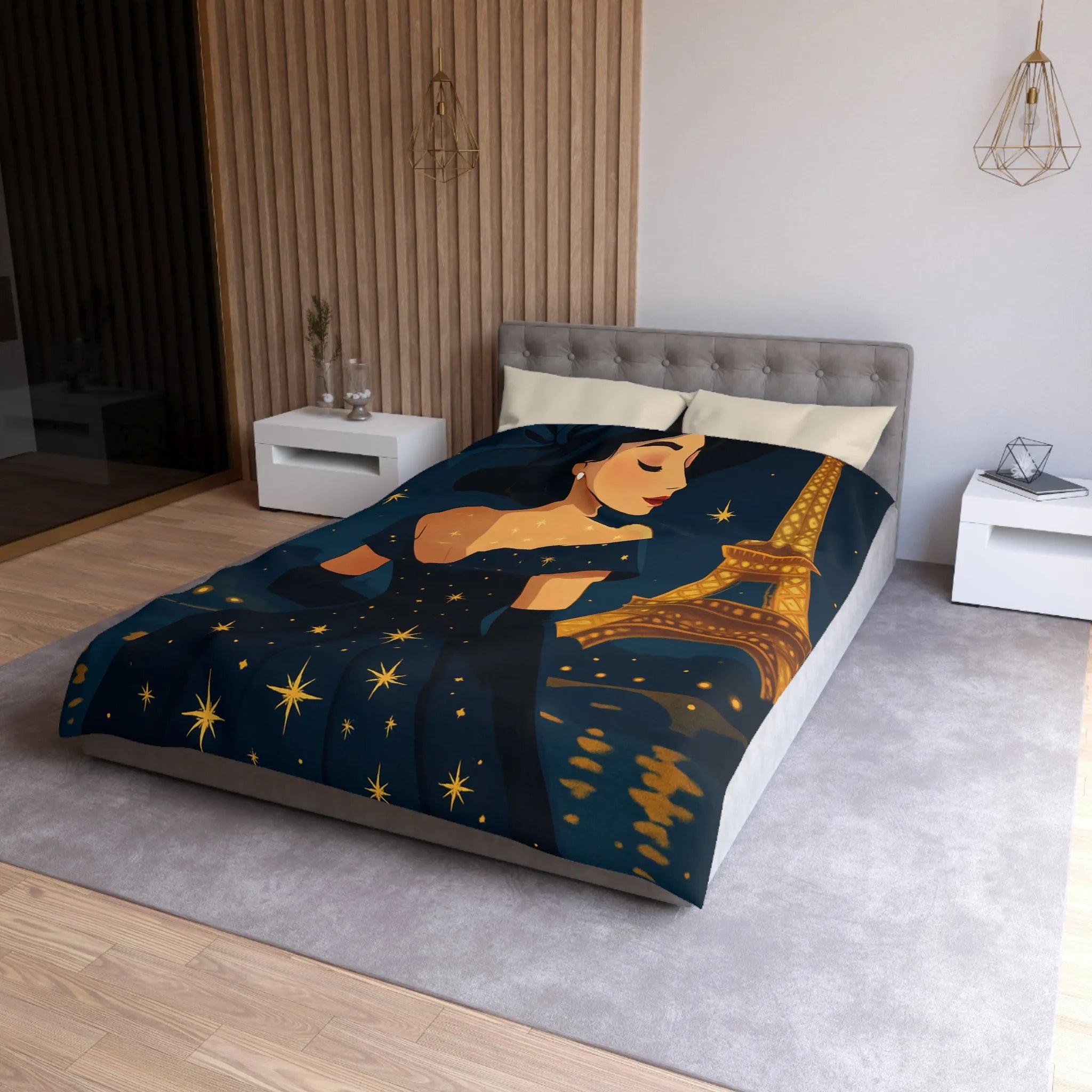 Élégante illustration nocturne femme en robe étoilée avec Tour Eiffel lumineuse