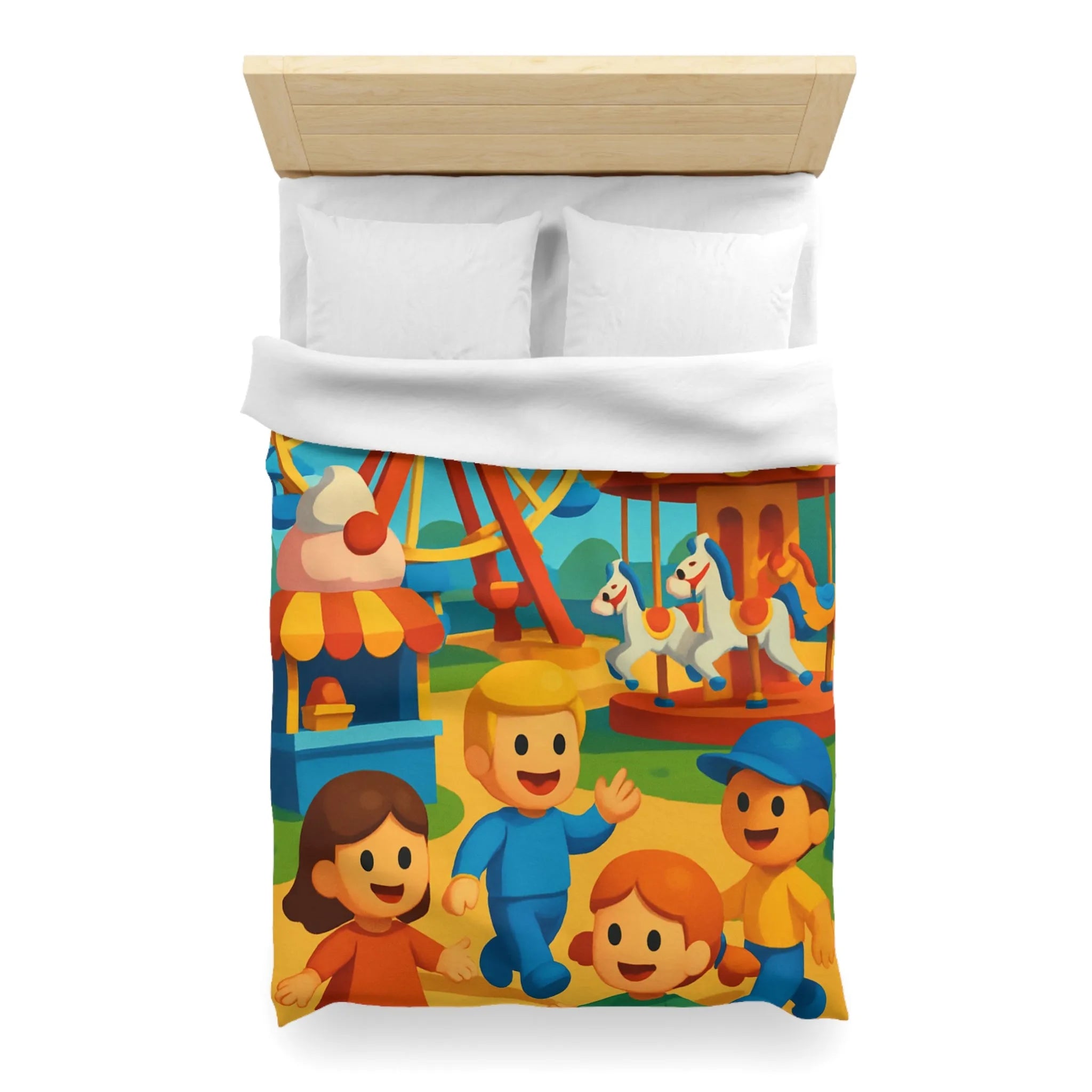 Housse de couette joyeuse avec motifs de fête foraine colorée et enfants souriants