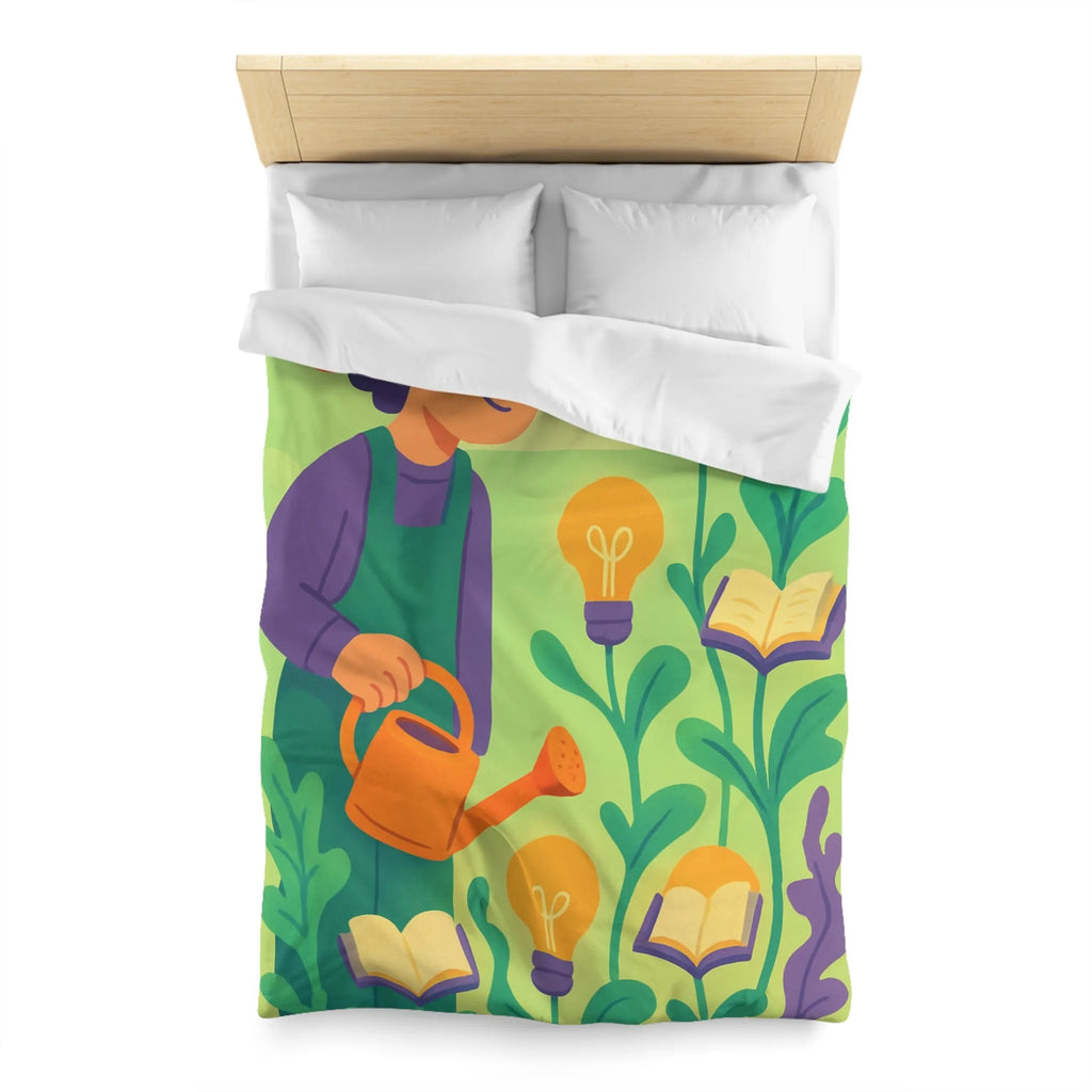 Housse de couette colorée avec jardinier arrosant plantes livres et ampoules