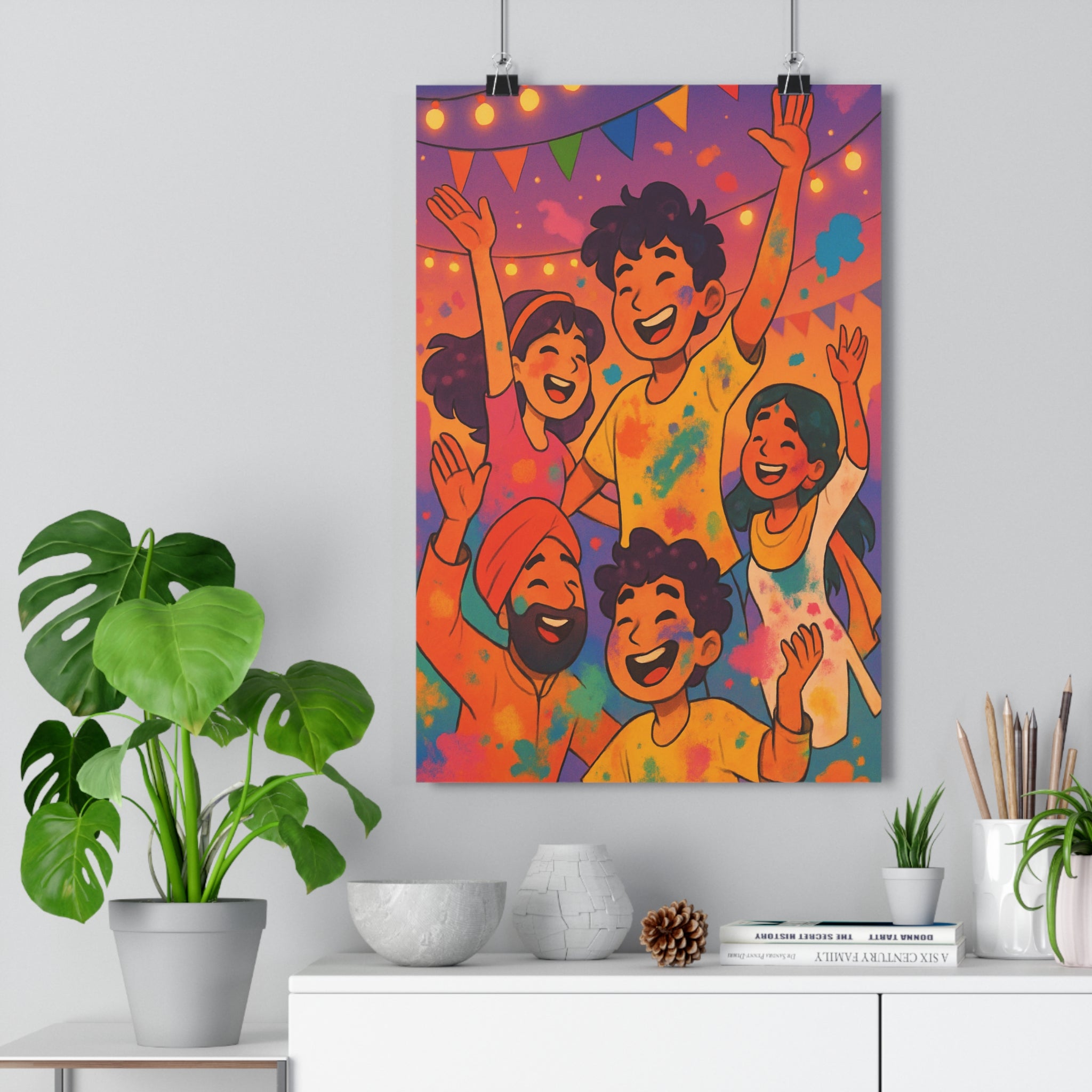 Poster décoratif joyeux moderne rose bleu orange salon chambre ambiance festive unique éclatant vibrant