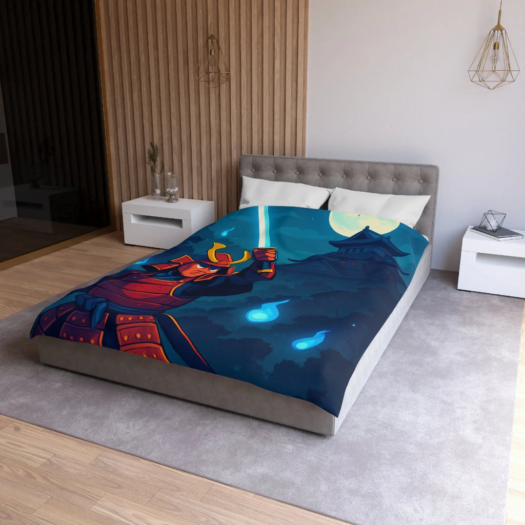 Housse de couette épique samouraï sous lune avec château en arrière-plan mystique