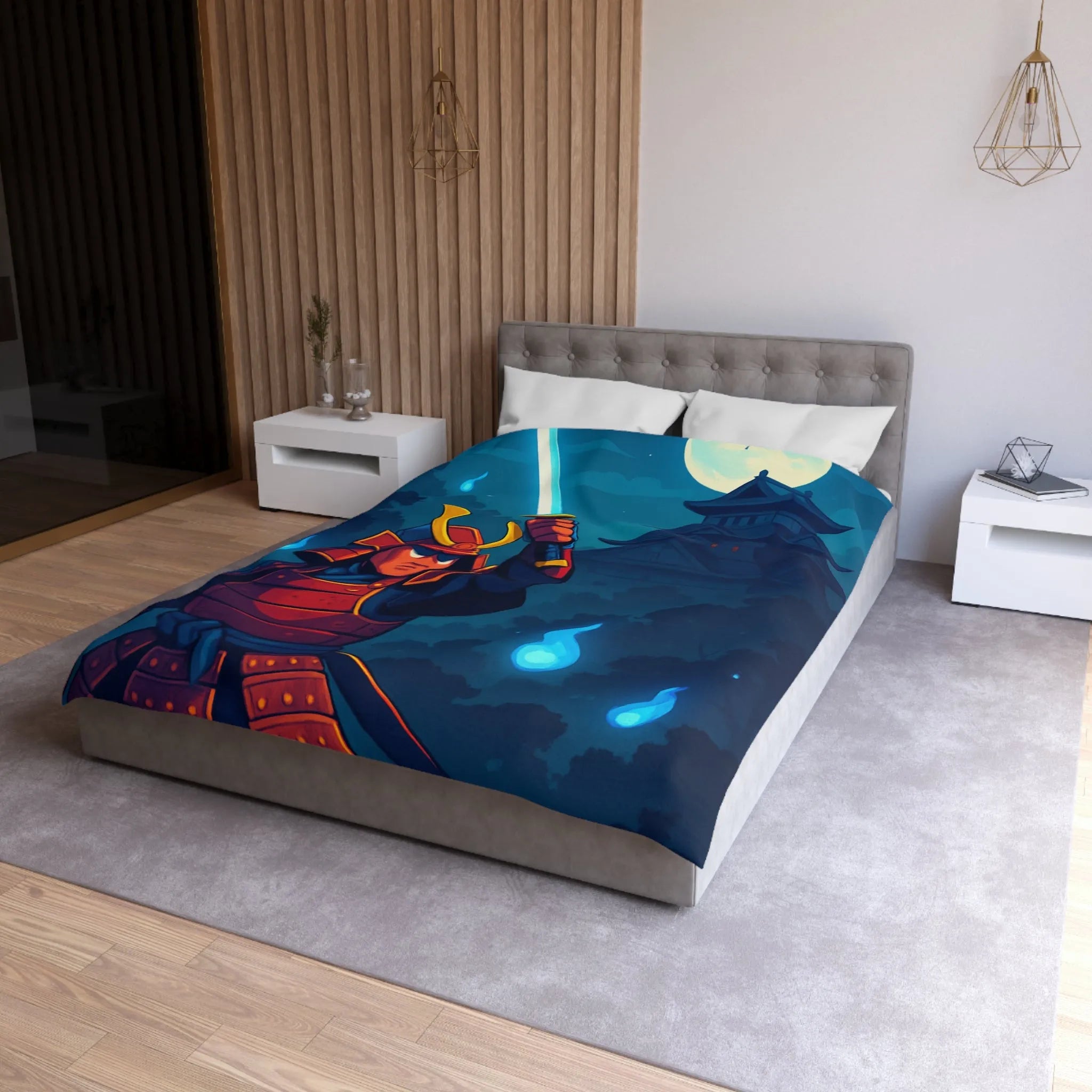 Housse de couette épique samouraï sous lune avec château en arrière-plan mystique