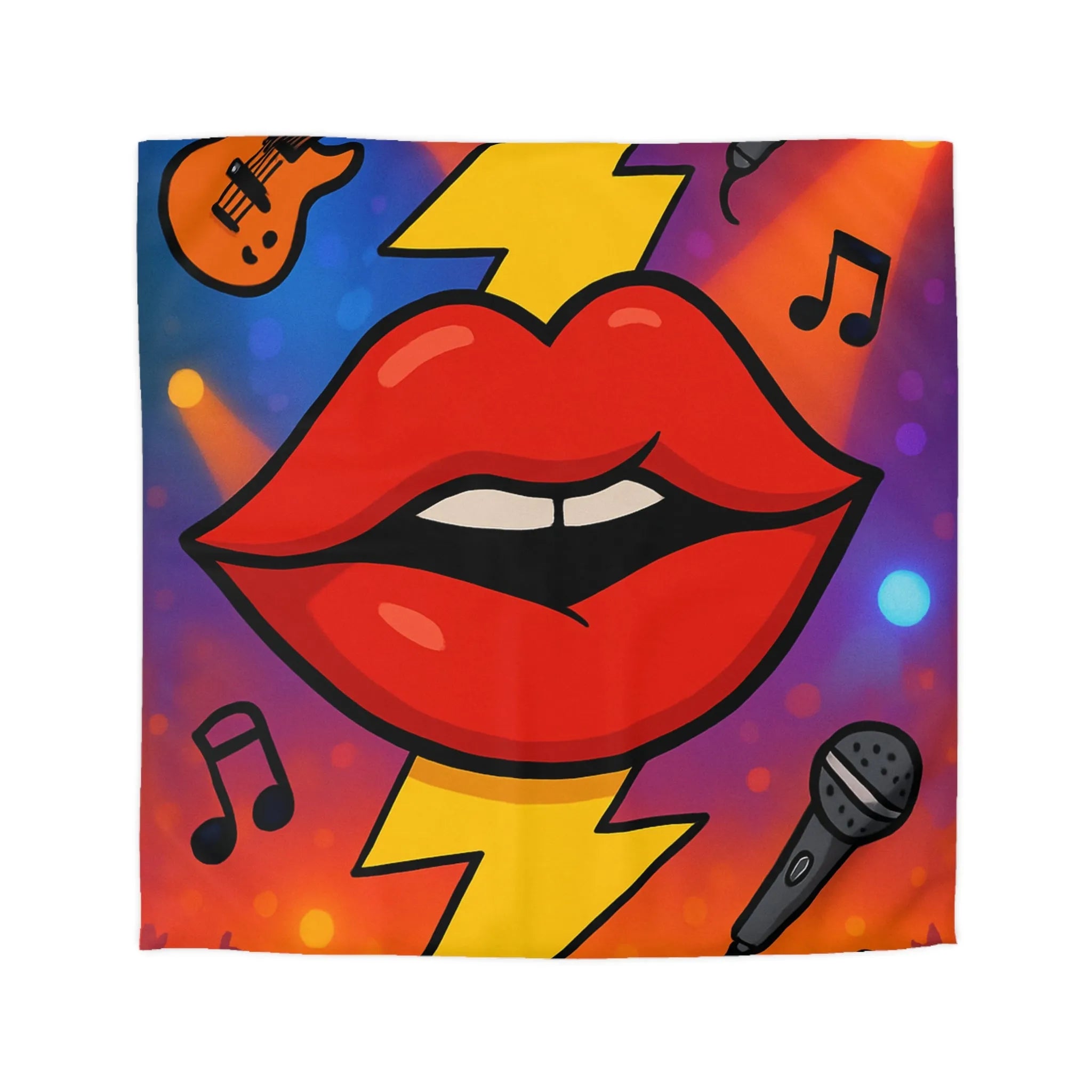 Housse de couette design rock multicolore avec lèvres éclairs, micros et guitares