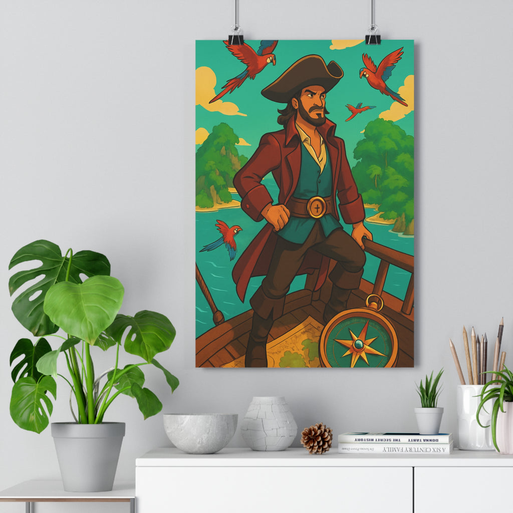 Poster décoratif cartoon aventure pirate bleu vert chambre enfant exotique dynamique 30x46 perroquet navire