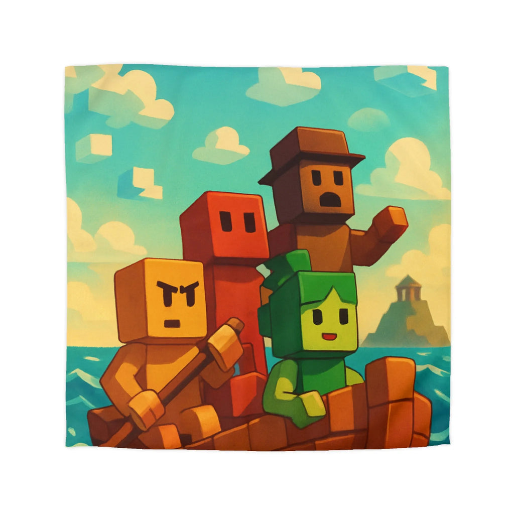 Housse de couette colorée avec personnages pixelisés sur un bateau en mer agité