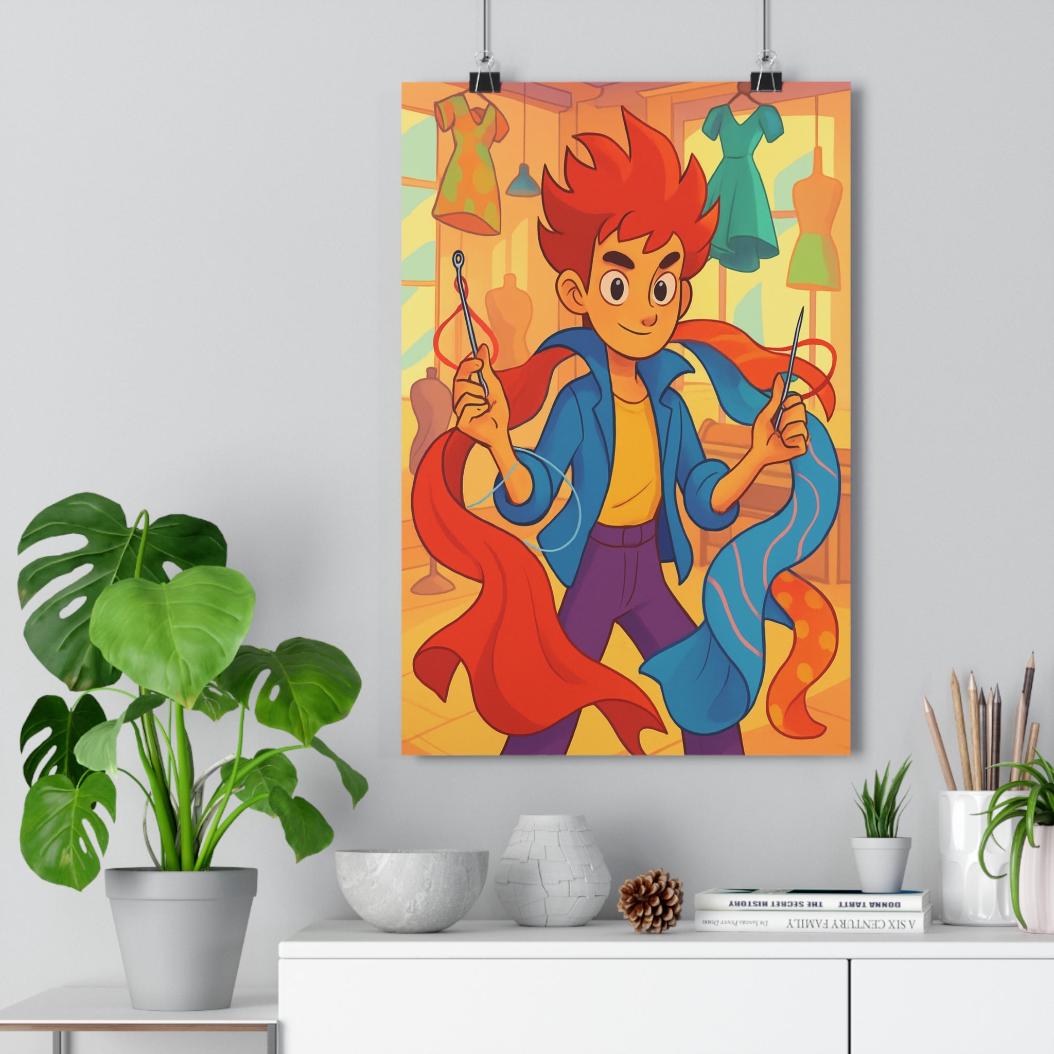 Poster décoratif cartoon moderne bleu rouge orange joyeux chambre enfant atelier couture élégant créatif