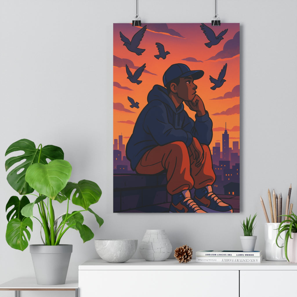 Poster décoratif illustratif crépusculaire orange violet contemplatif artistique salon bureau tendance 30x46 cm qualité