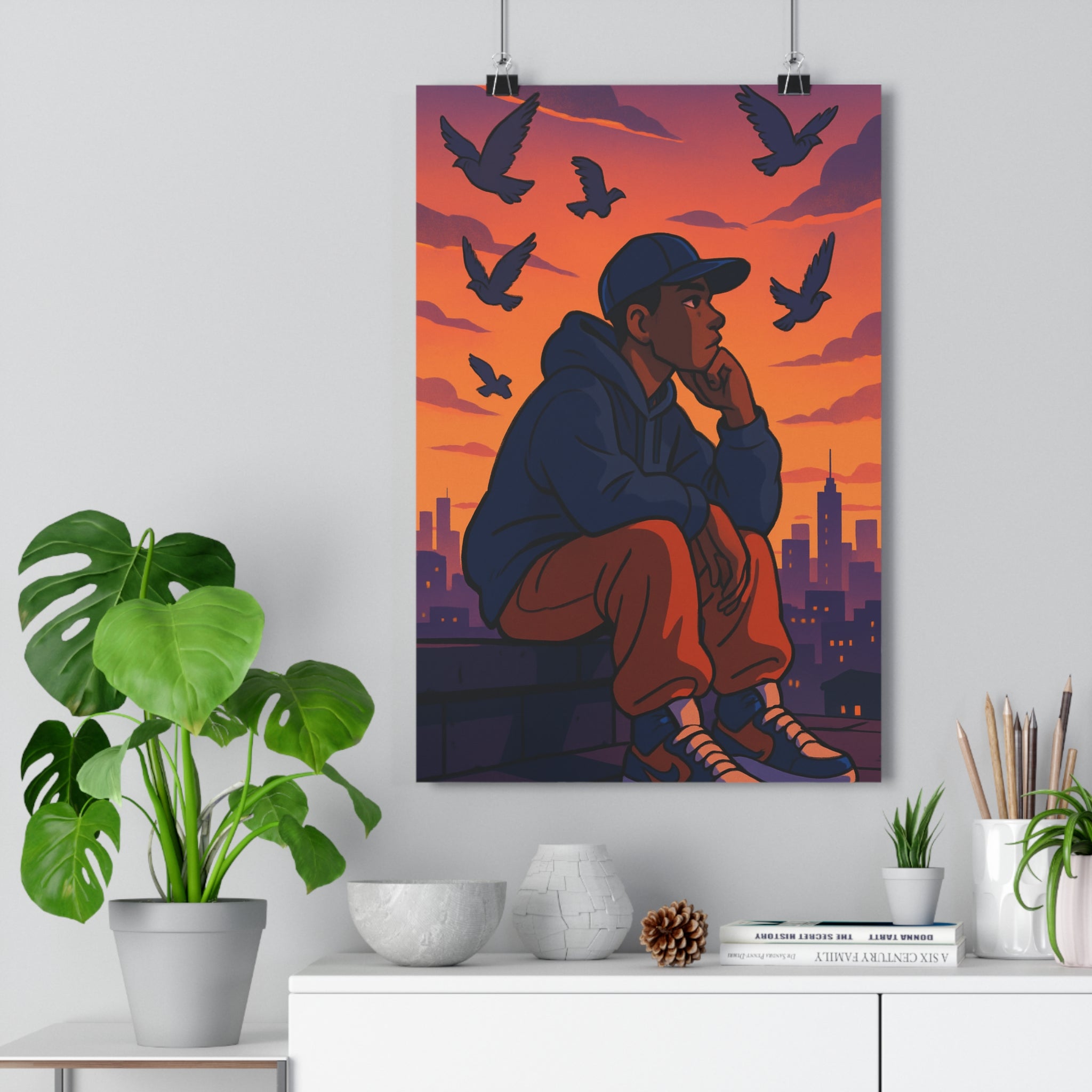 Poster décoratif illustratif crépusculaire orange violet contemplatif artistique salon bureau tendance 30x46 cm qualité