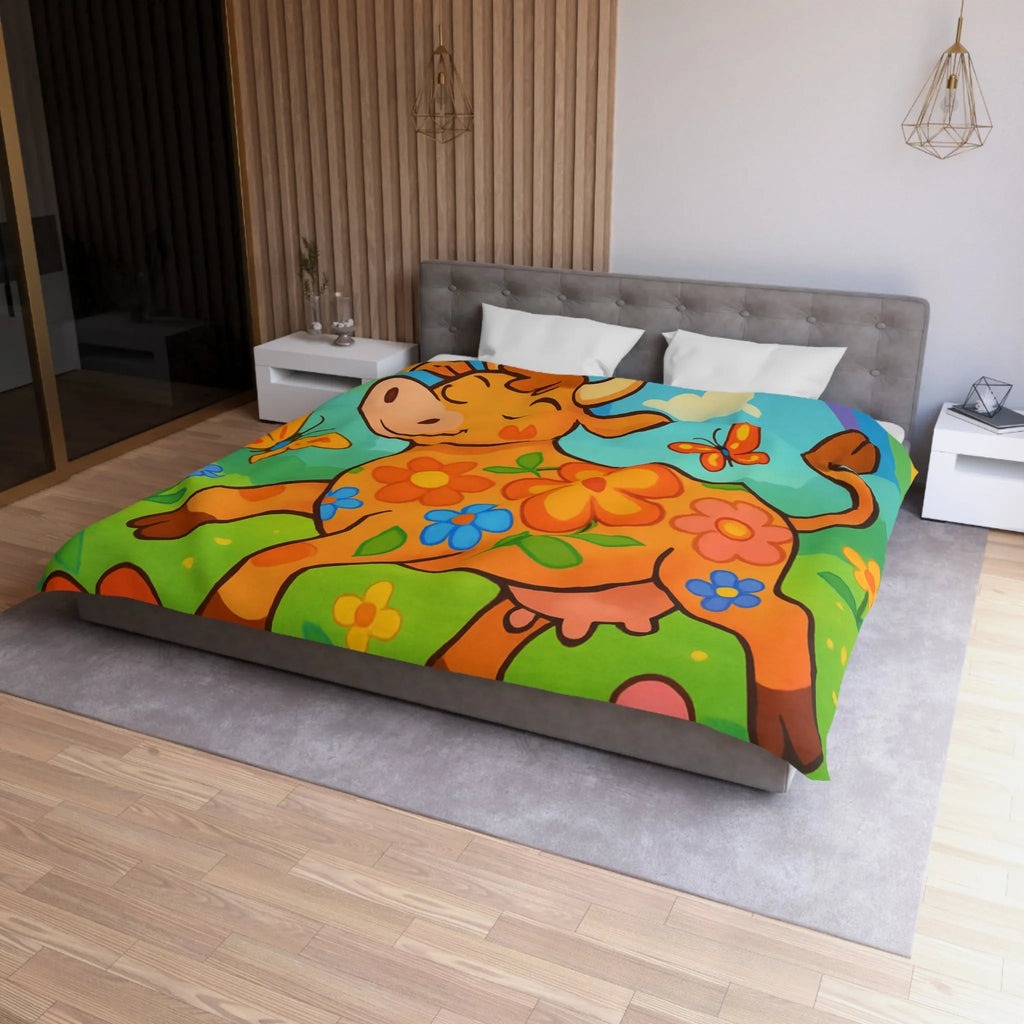 Housse de Couette Enfant Joyeuse Vache Orange Sous Arc-en-Ciel et Papillons Colorés