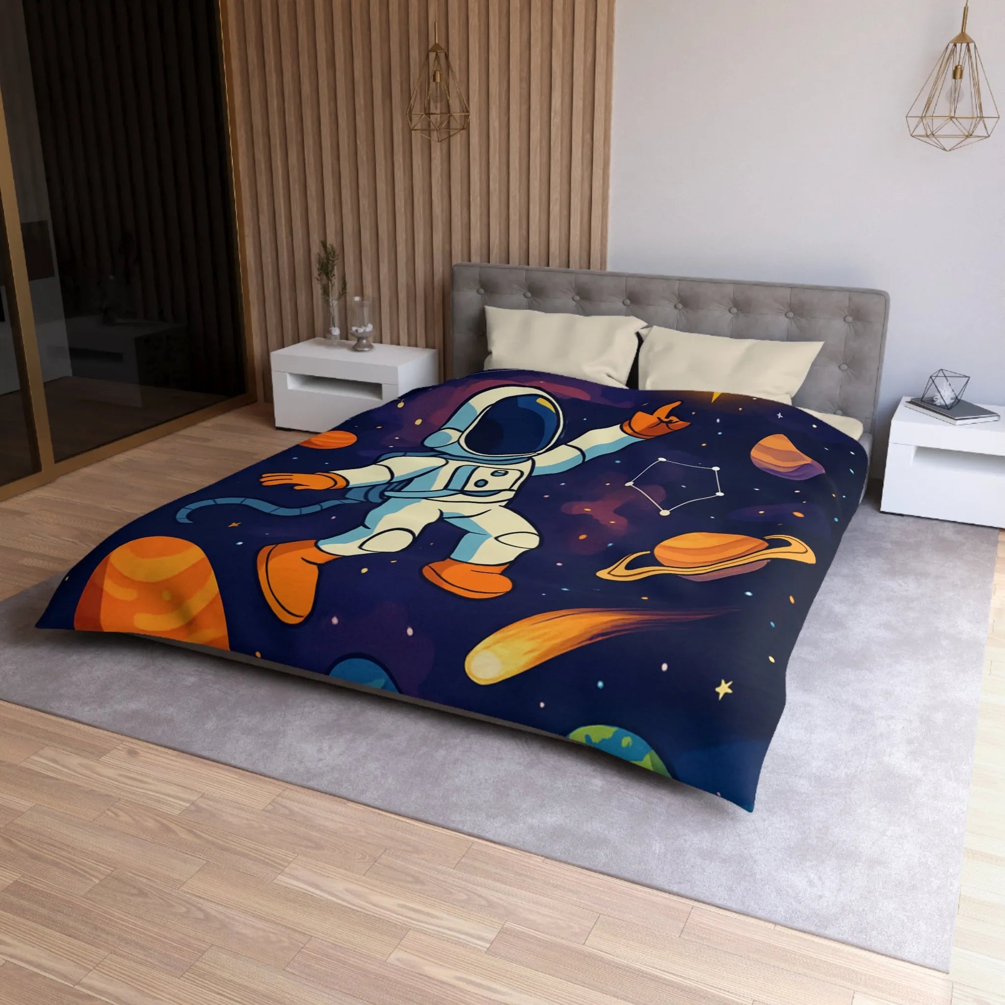 Housse de Couette Astronaute Enfantine avec Étoiles, Planètes et Constellations Colorées pour Chambre