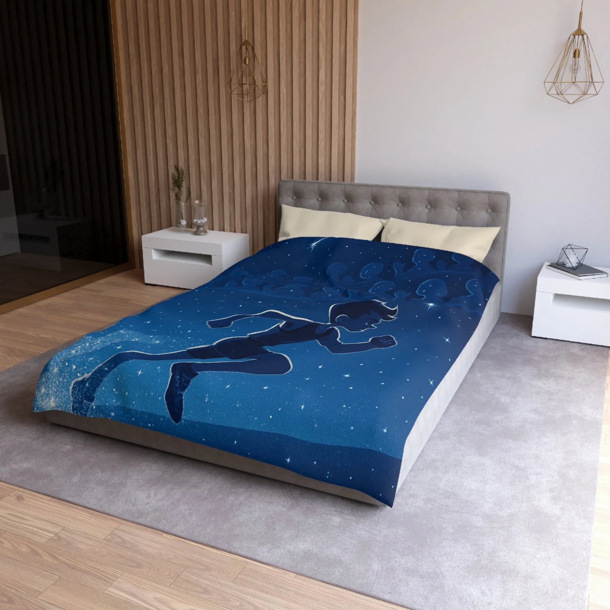 Housse de couette bleue nuit avec silhouette d'enfant courant sous ciel étoilé